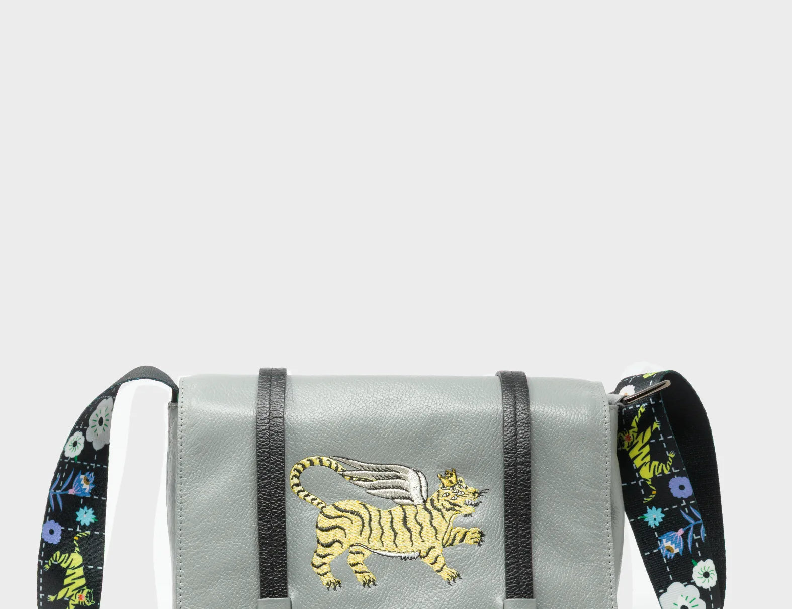 Victor Gray Small Messenger Bag - Winged Tiger Embroidery - Front