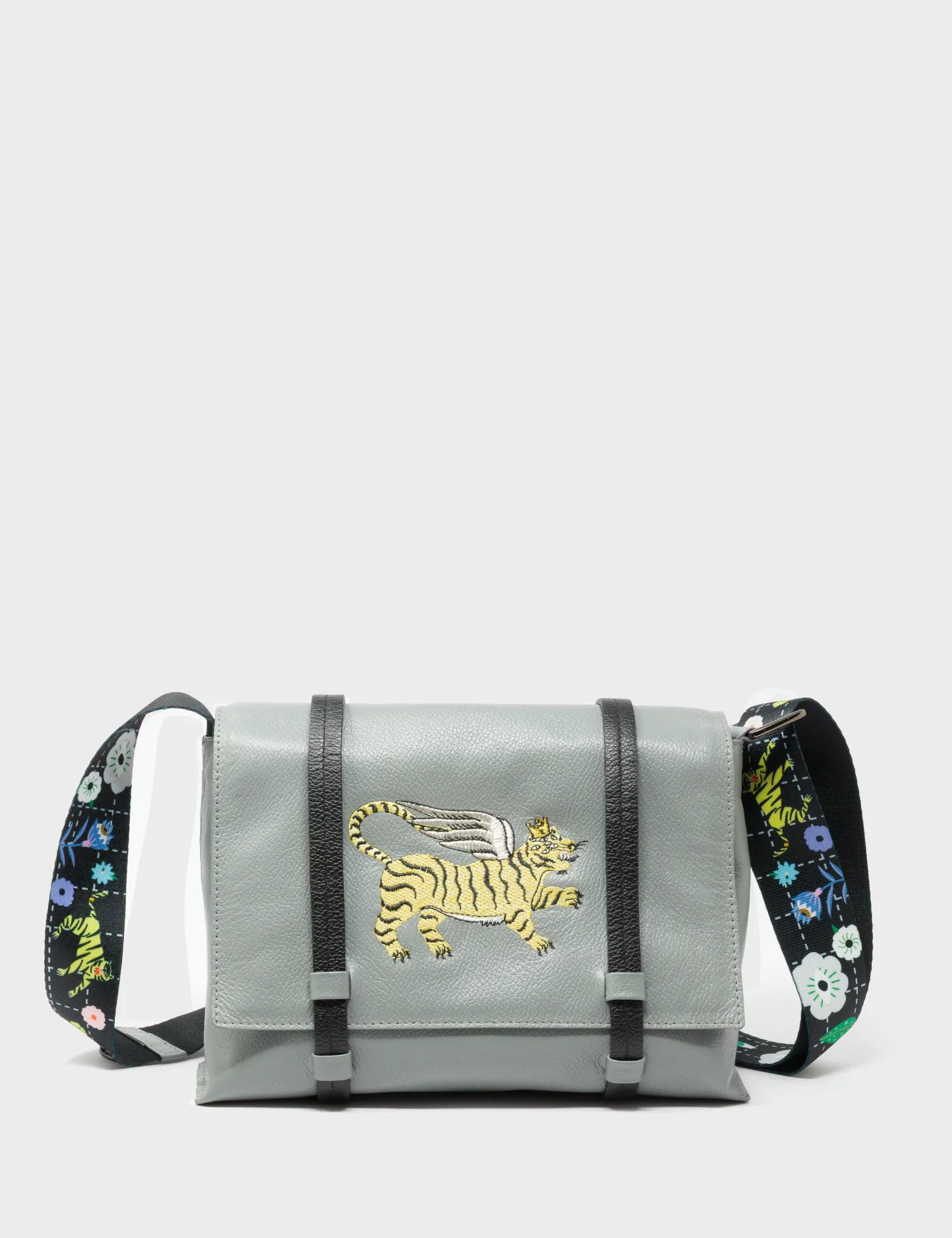 Victor Gray Small Messenger Bag - Winged Tiger Embroidery - Front
