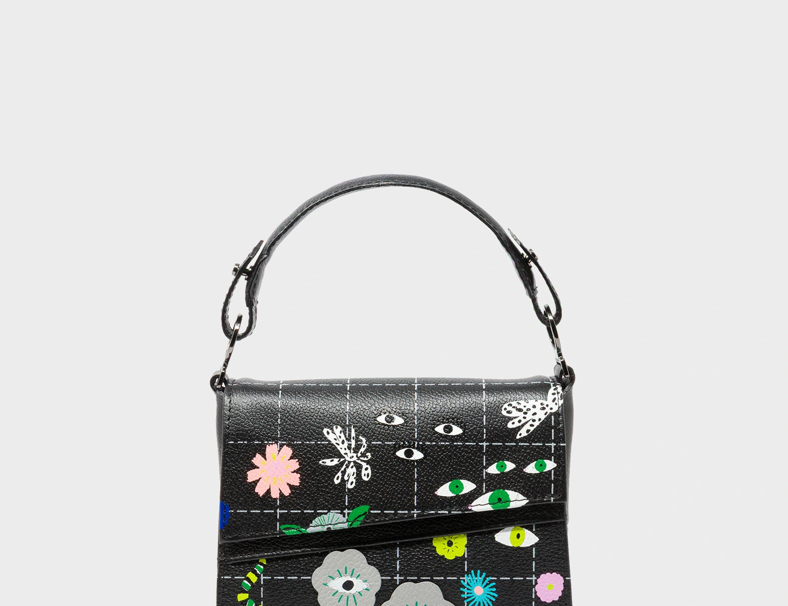 Anastasio Micro Crossbody Handbag Black Leather - Floralia Embroidery - Front