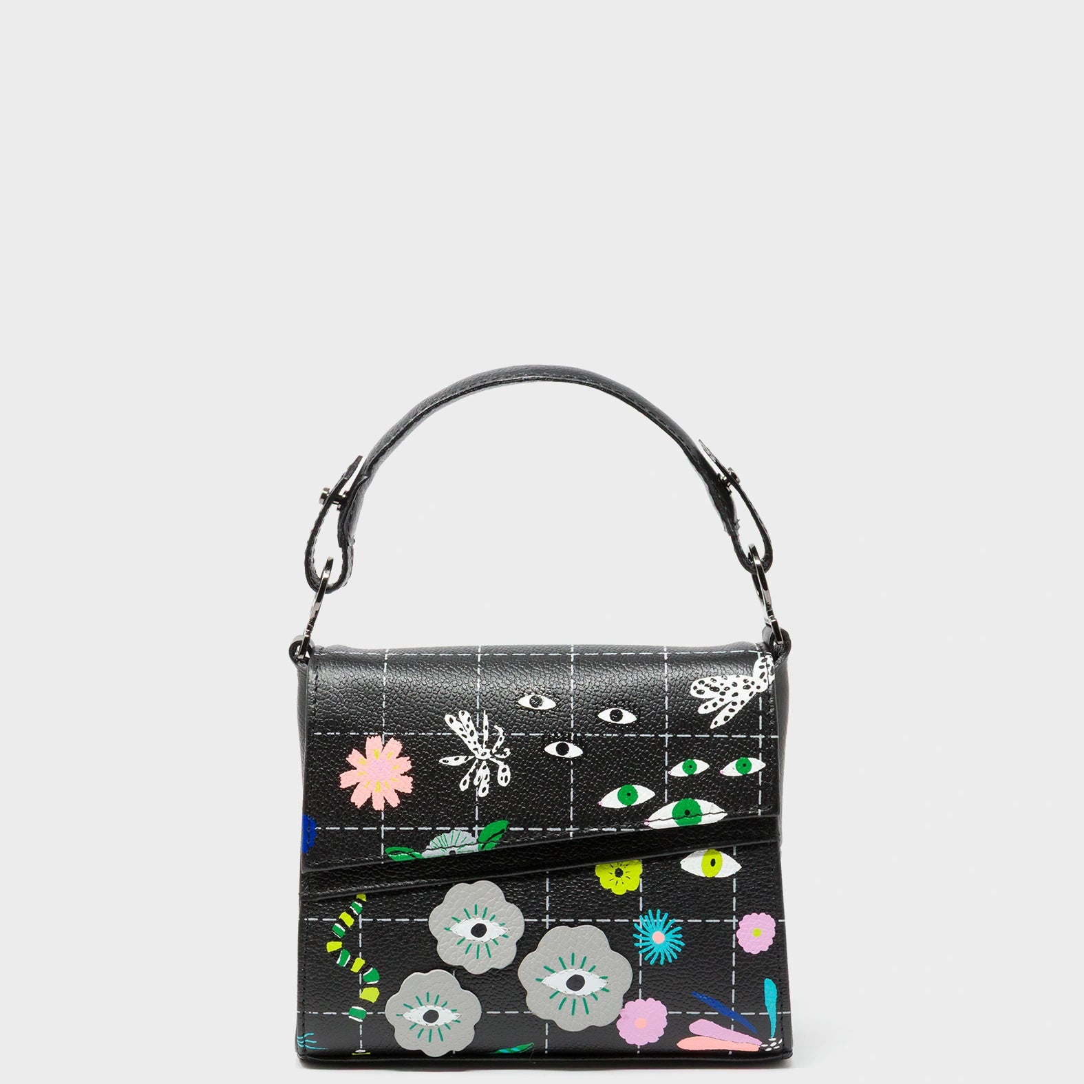 Anastasio Micro Crossbody Handbag Black Leather - Floralia Embroidery - Front