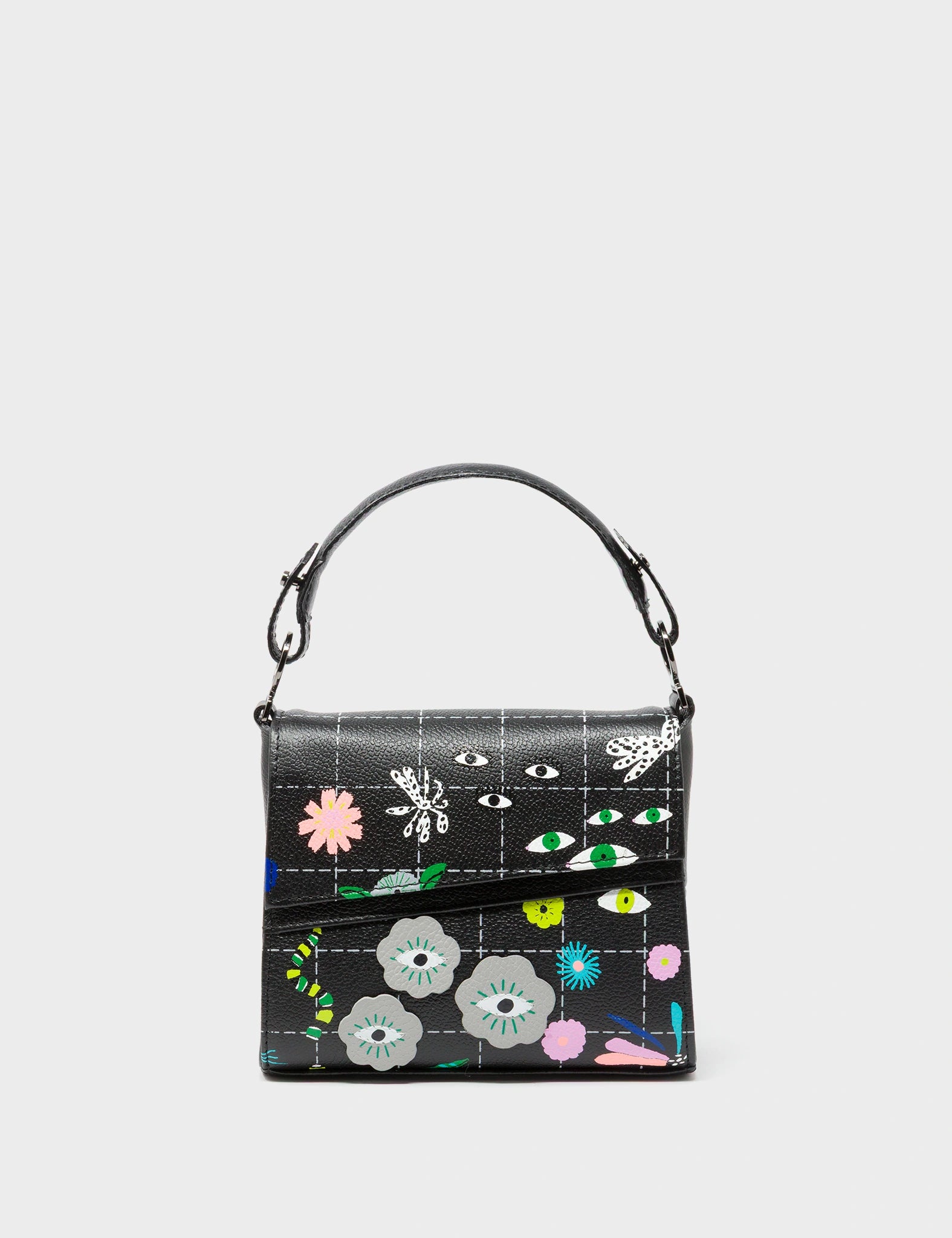 Anastasio Micro Crossbody Handbag Black Leather - Floralia Embroidery - Front