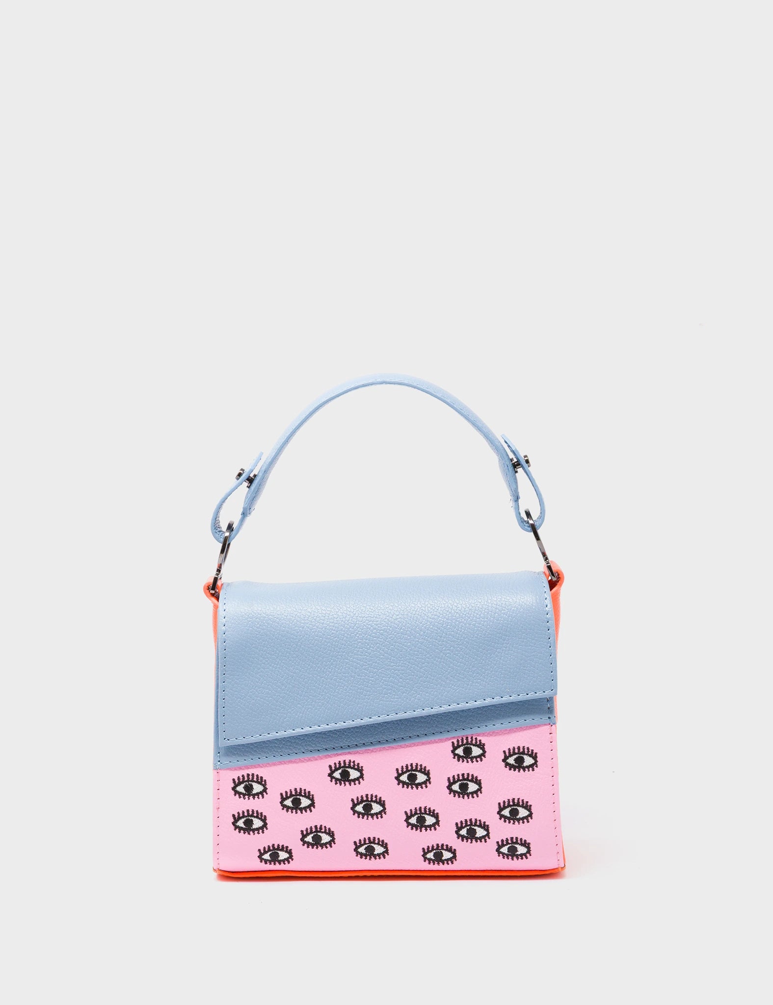 Anastasio Micro Crossbody Handbag Cerulean Blue and Soft Neon Pink Leather - All Over Eyes Embroidery - Front