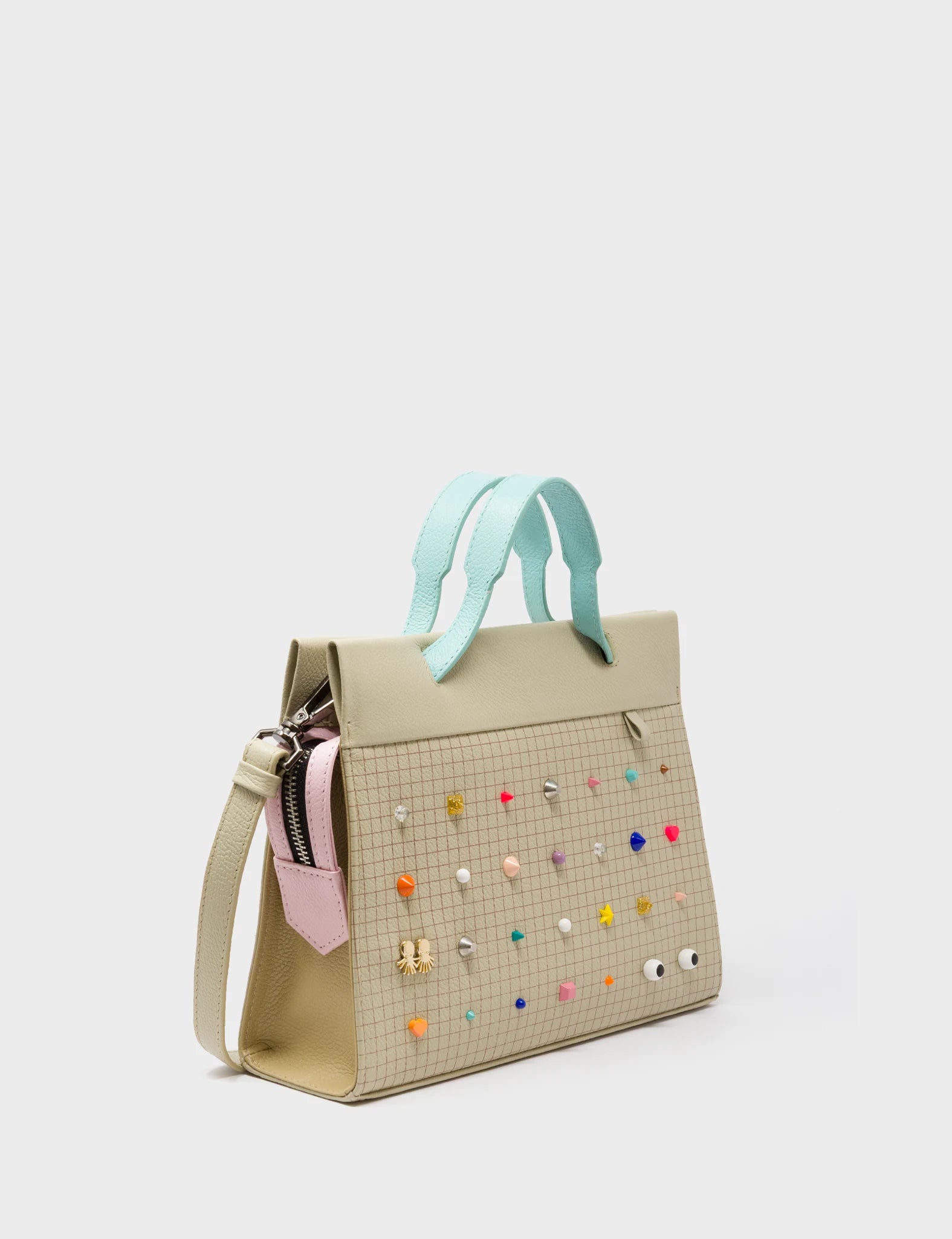 Vali Crossbody Gravel Beige Leather Bag - Studs Pattern - Handle