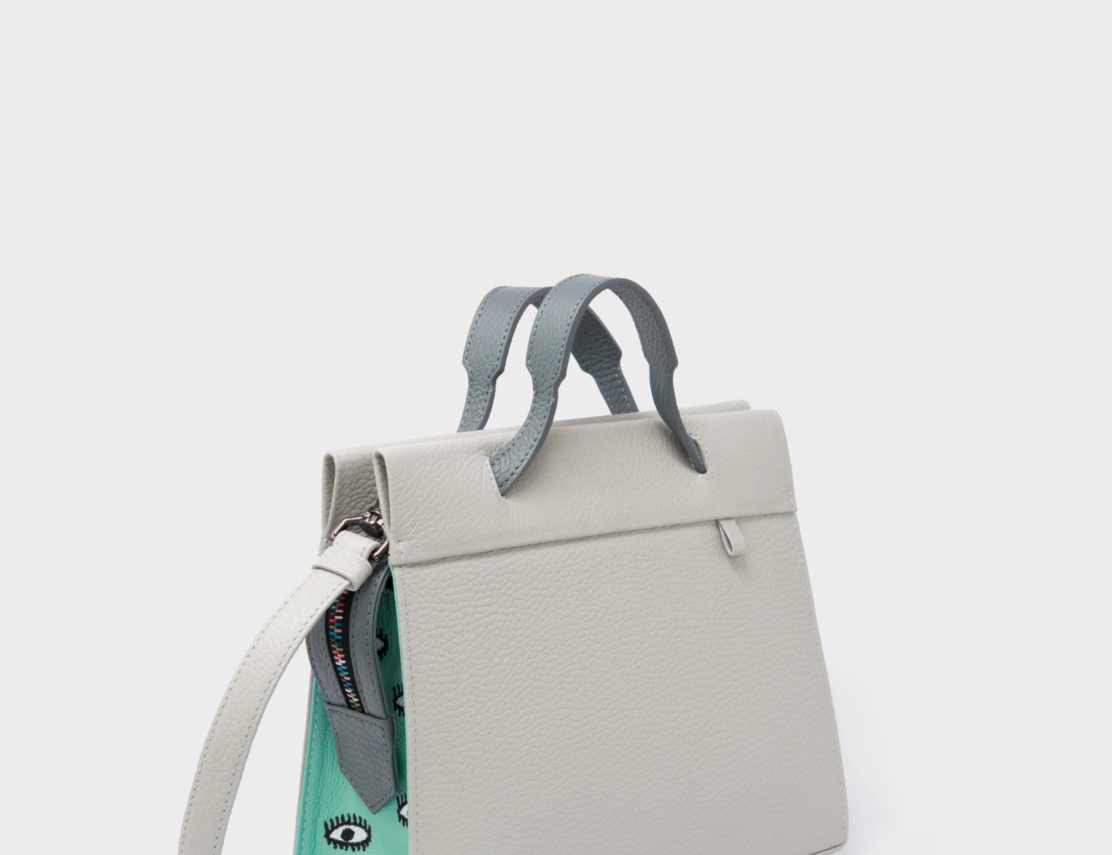 Vali Crossbody Moonwalk Gray and Oceanic Green Leather Bag - All Over Eyes Embroidery - Handles View