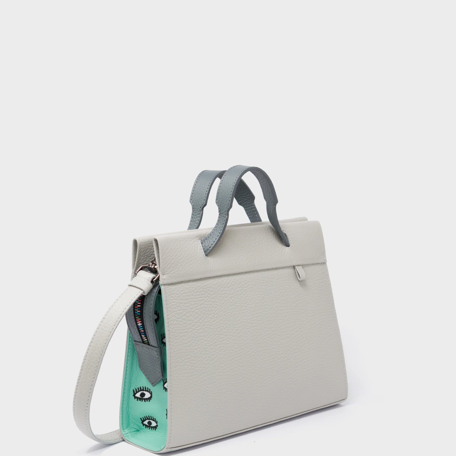 Vali Crossbody Moonwalk Gray and Oceanic Green Leather Bag - All Over Eyes Embroidery - Handles View
