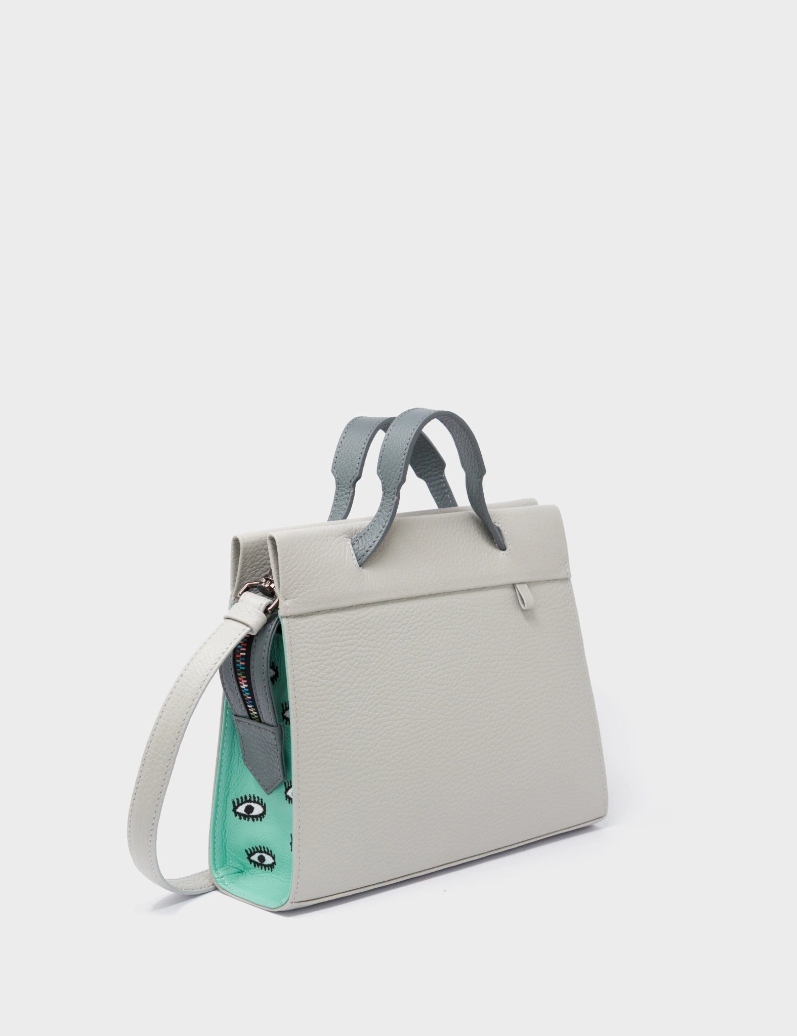 Vali Crossbody Moonwalk Gray and Oceanic Green Leather Bag - All Over Eyes Embroidery - Handles View