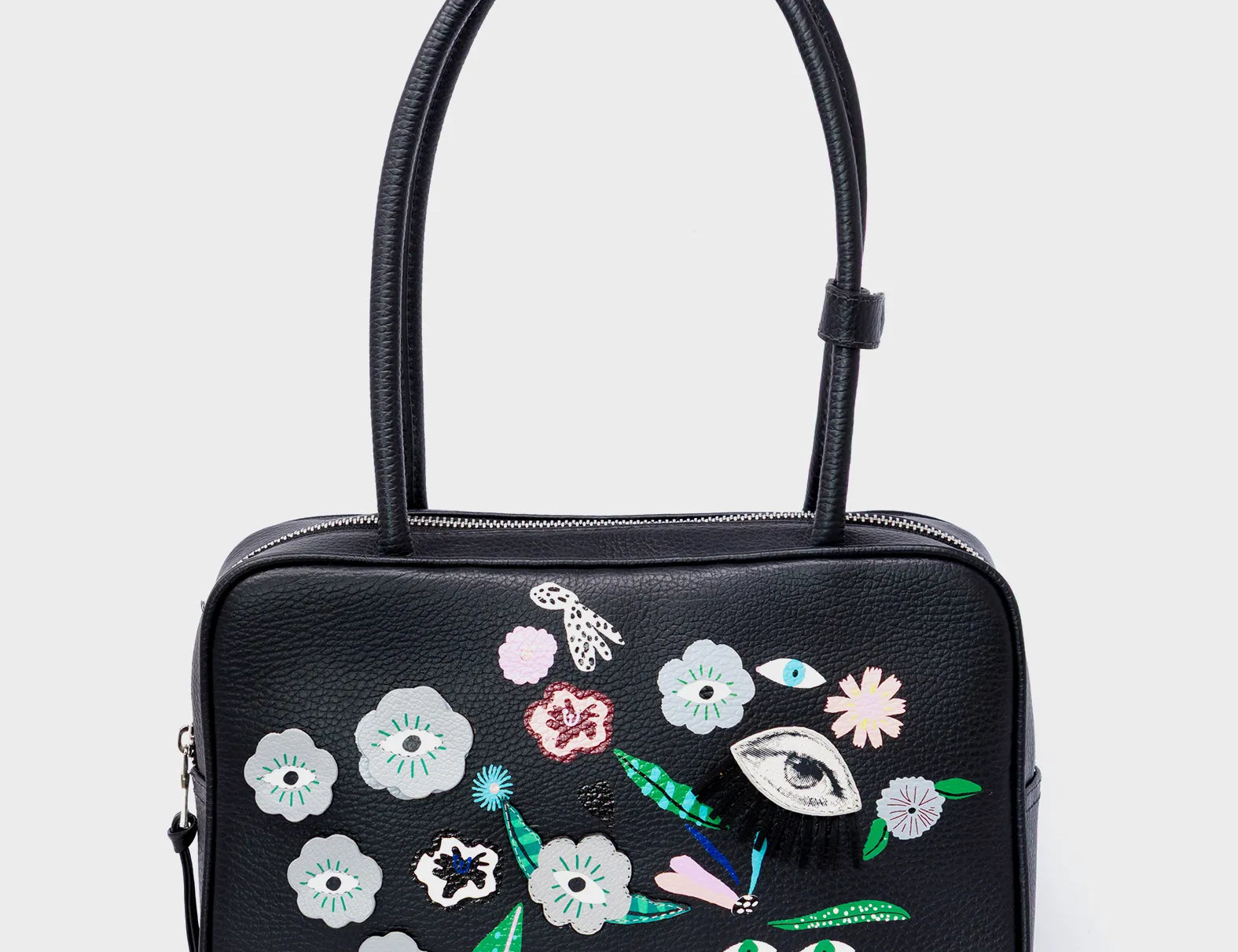 121 Shoulder Bag Black Leather - Floralia Design - Front