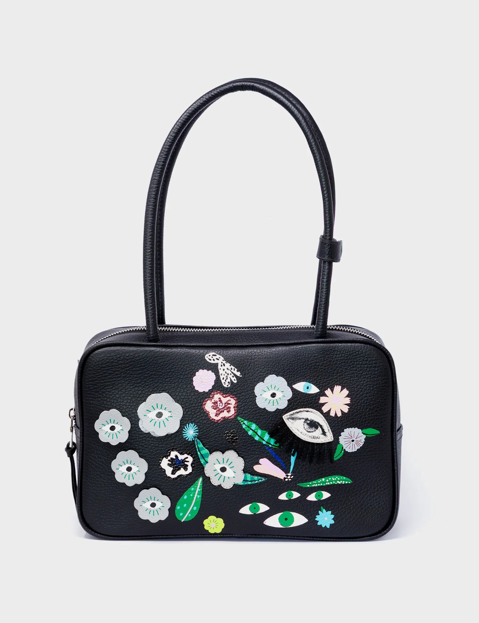 121 Shoulder Bag Black Leather - Floralia Design - Front