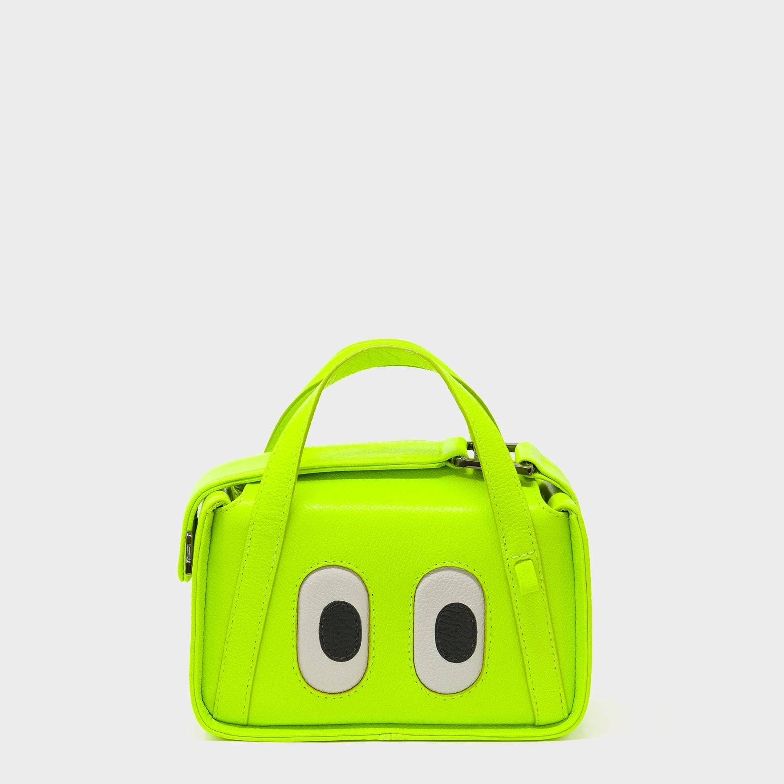 Benji Micro Crossbody Neon Lime Leather Bag - Eyes Engraved - Front View