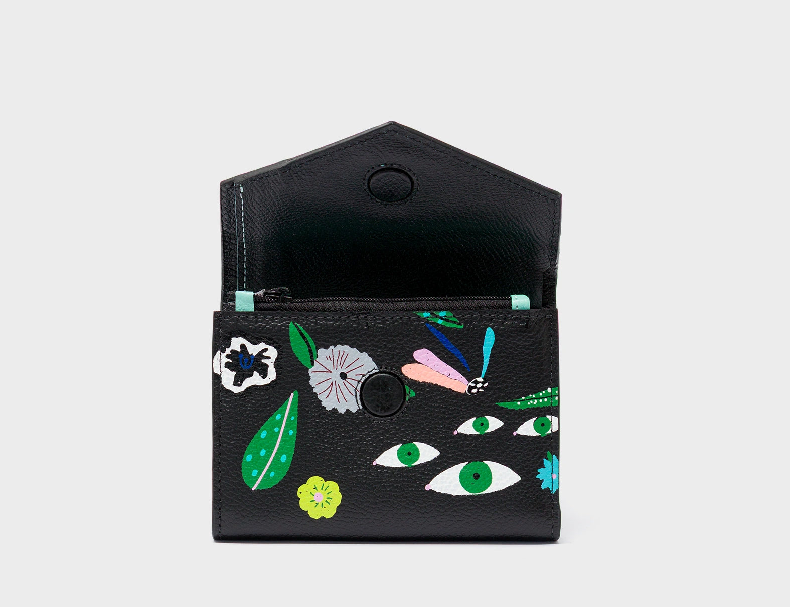 Fiona Black Leather Wallet - Floralia Print - Front Open View