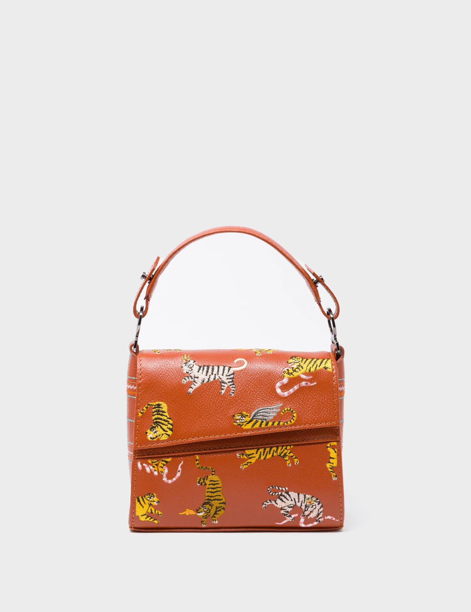 Anastasio Micro Crossbody Handbag Baked City Brown Leather - Retro Tiger Embroidery - Front View