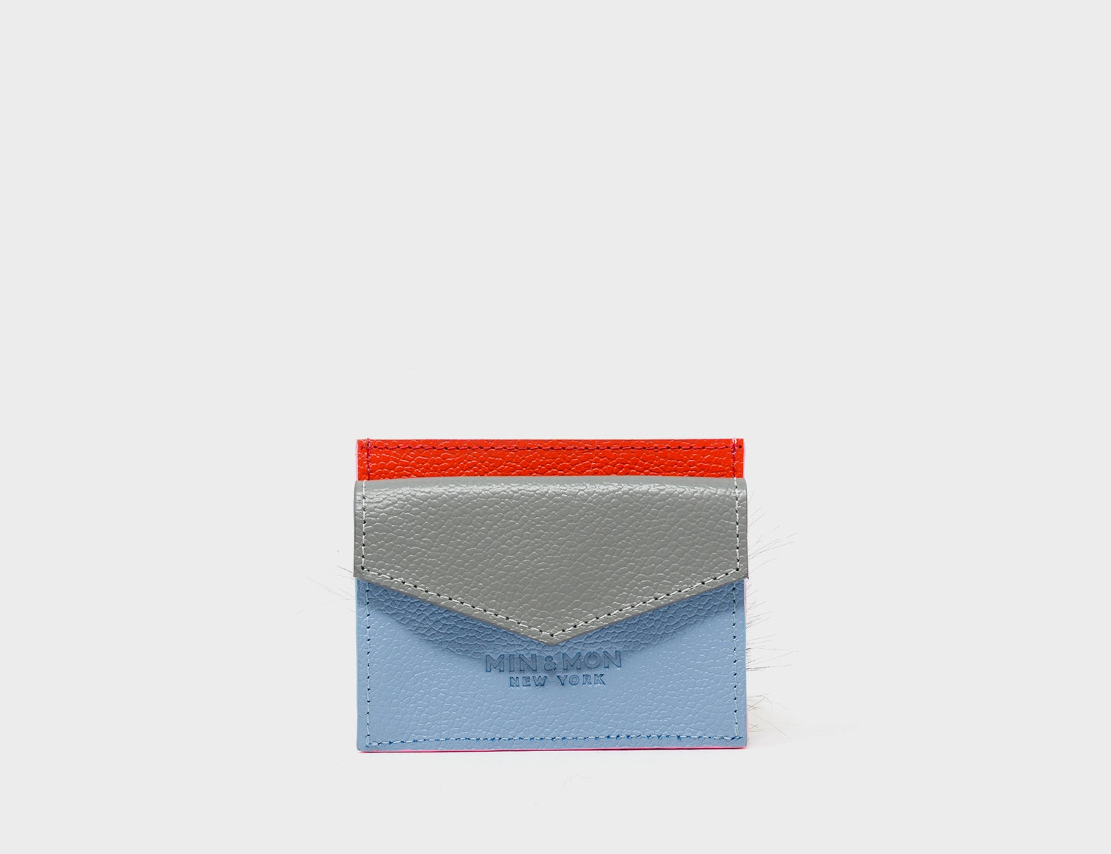 Felix Cerulean Blue and Bubblegum Pink Leather Cardholder - Fuzzy Monster Applique - Pocket