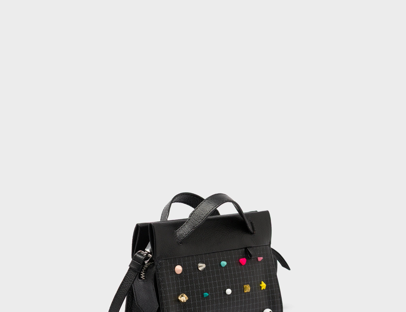 Vali Crossbody Micro Black Leather Bag - Studs Adjustable Handle - Handles View
