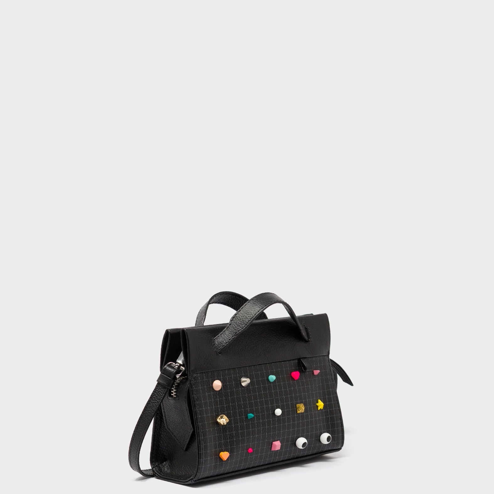 Vali Crossbody Micro Black Leather Bag - Studs Adjustable Handle - Handles View