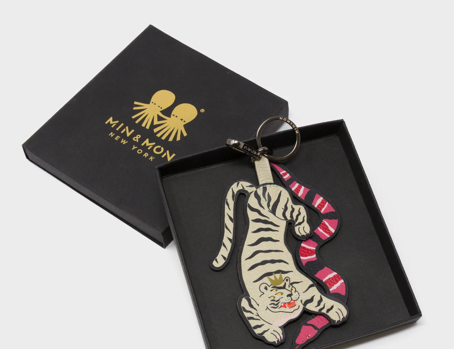 Tiger and Snake Charm - Gravel Beige Leather Keychain - Package