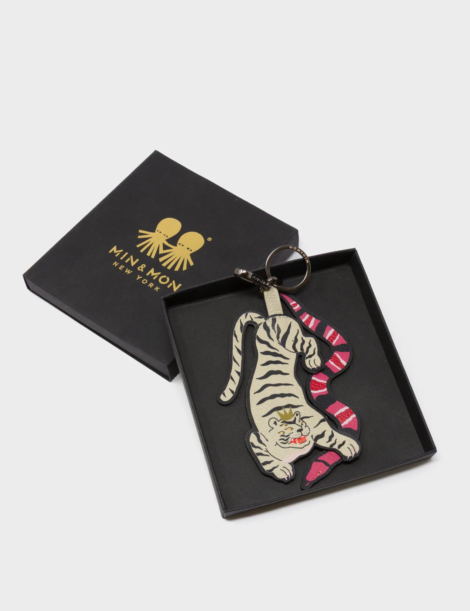 Tiger and Snake Charm - Gravel Beige Leather Keychain - Package