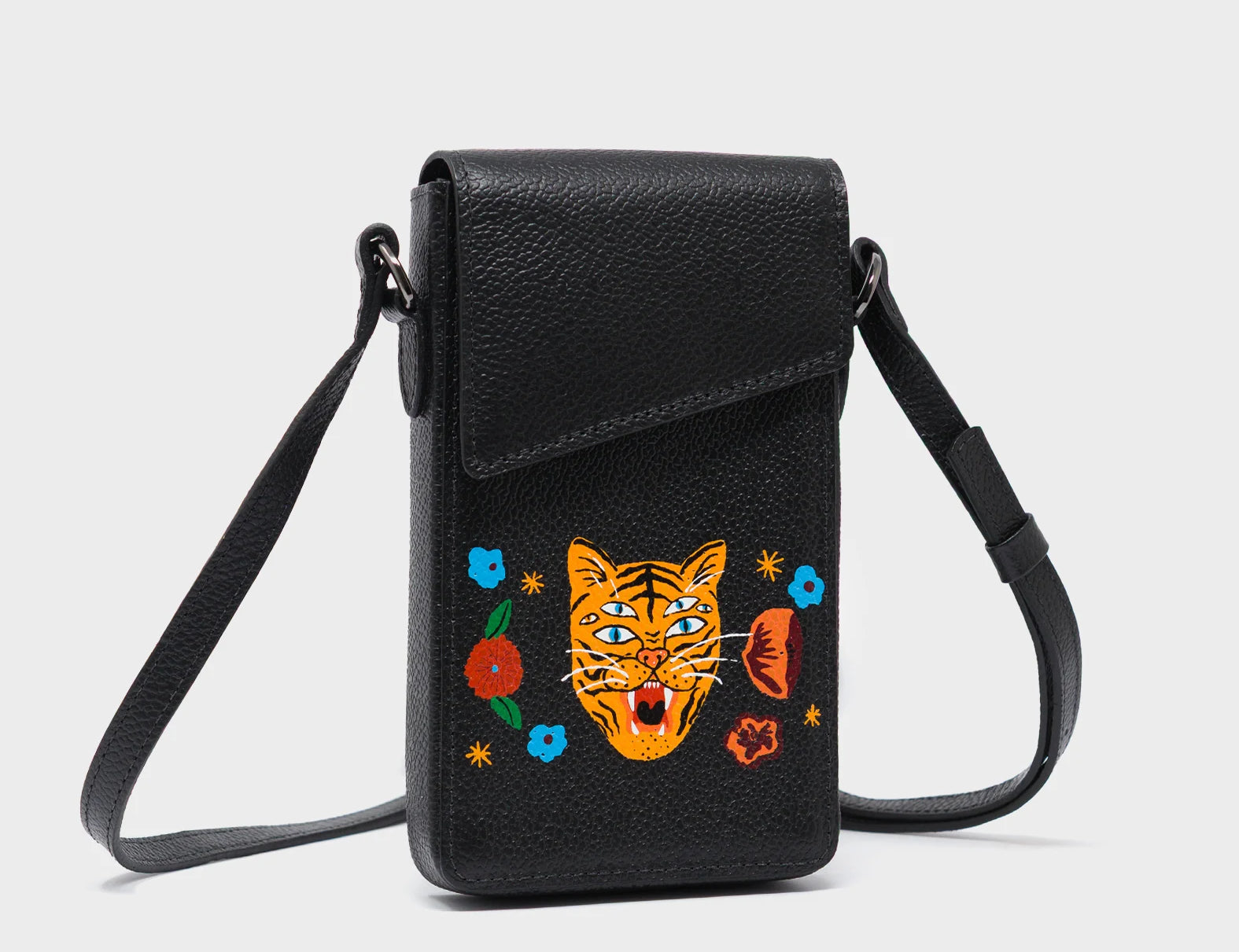 Max Black Cellphone Crossbody Pouch - Happy Tiger Print - Side