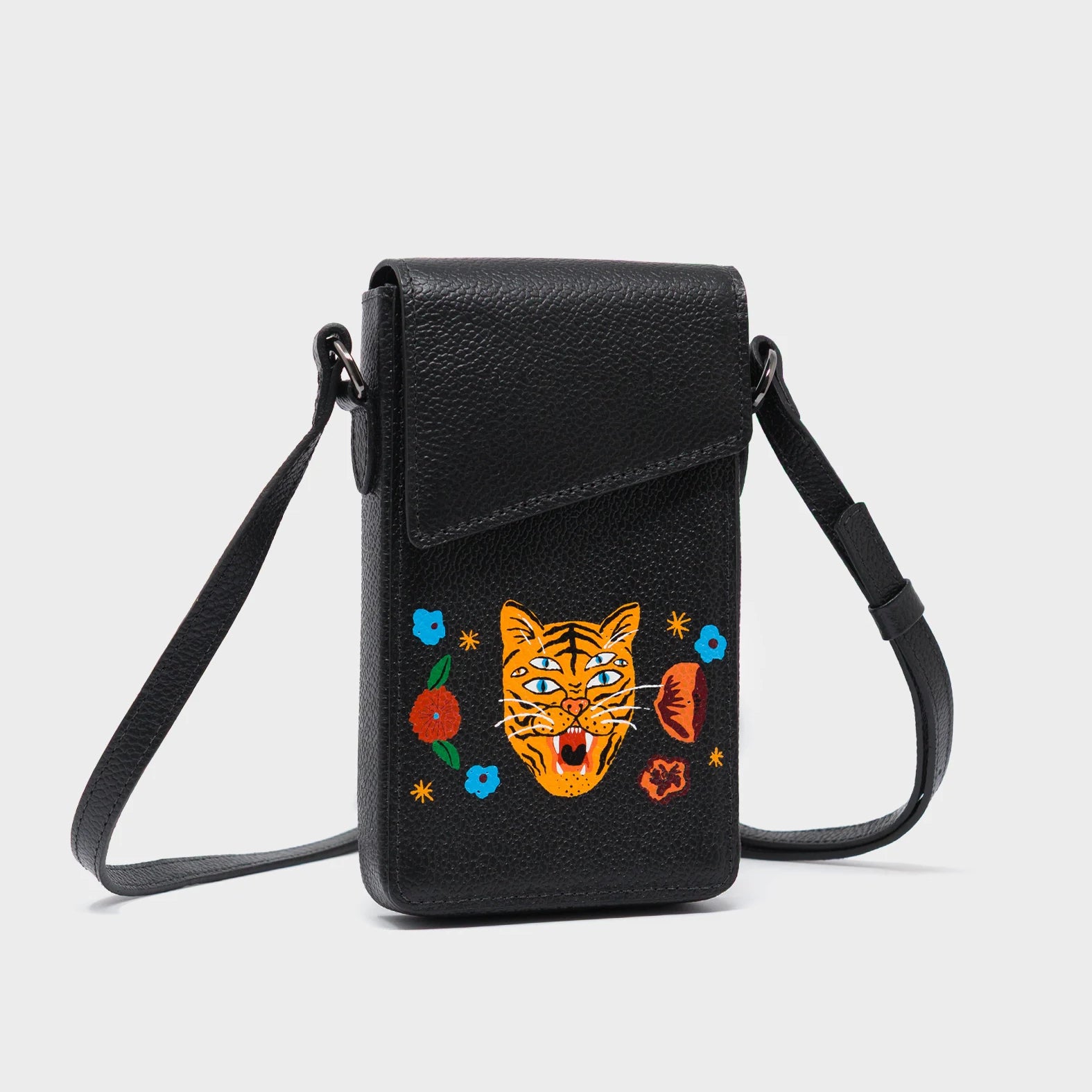 Max Black Cellphone Crossbody Pouch - Happy Tiger Print - Side
