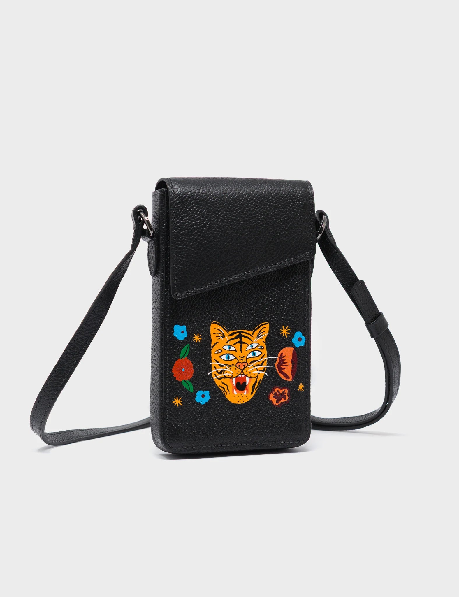 Max Black Cellphone Crossbody Pouch - Happy Tiger Print - Side