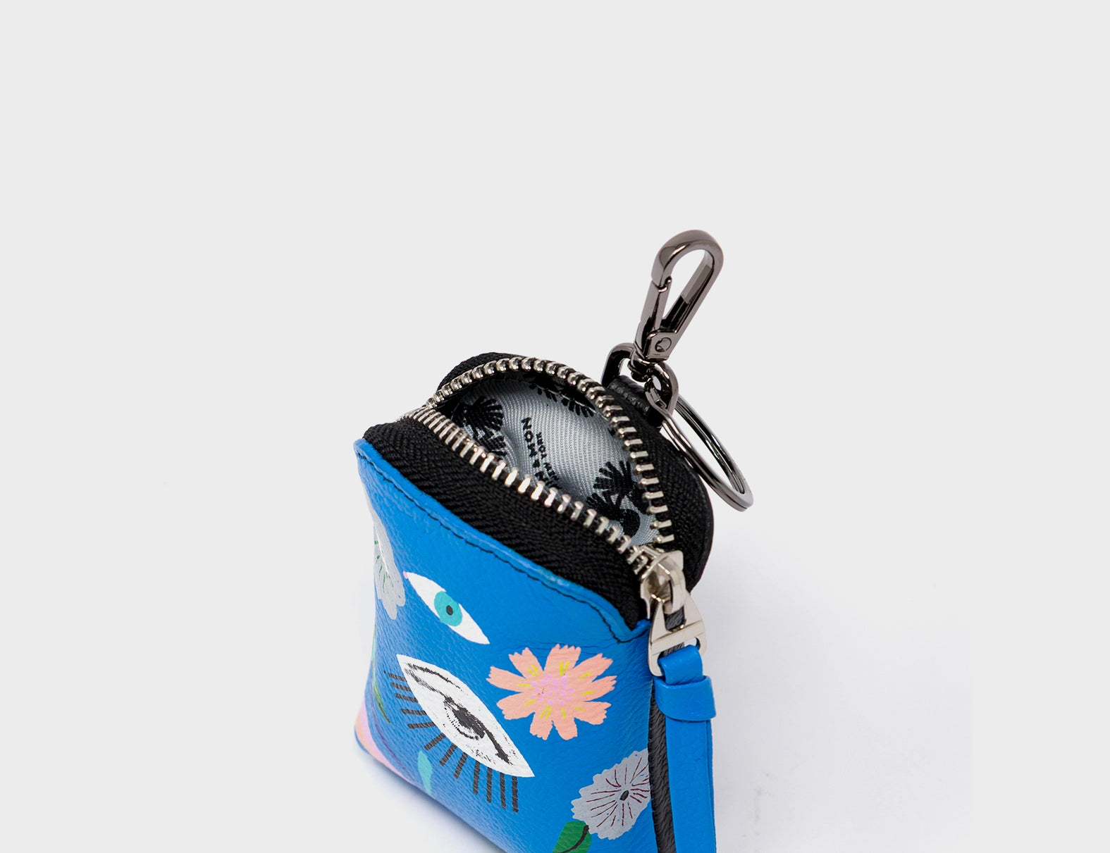 Florence Pouch Charm - Ibiza Blue Leather Keychain Floralia Print - Open