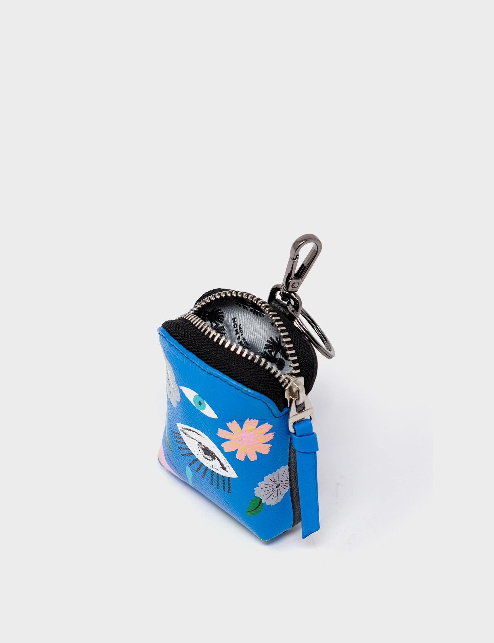 Florence Pouch Charm - Ibiza Blue Leather Keychain Floralia Print - Open