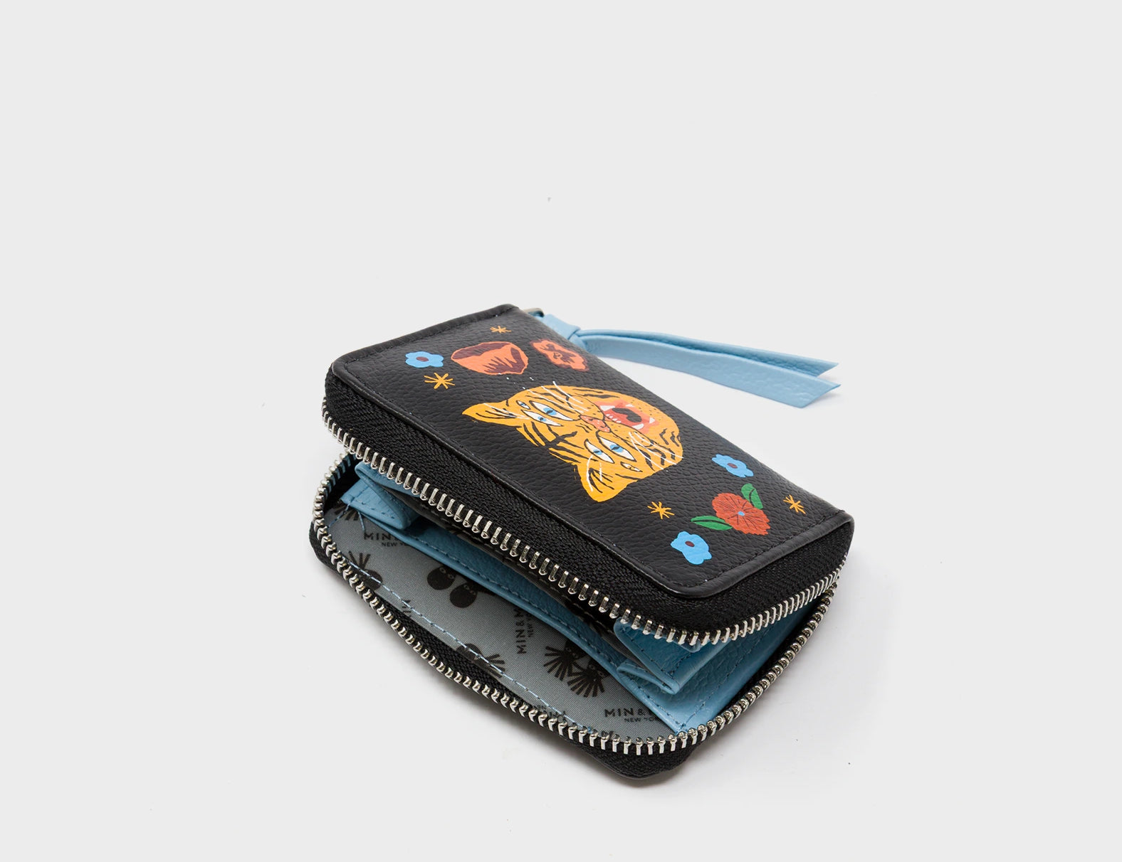 Frodo Black Leather Zip Around Wallet - Happy Tiger Print - open