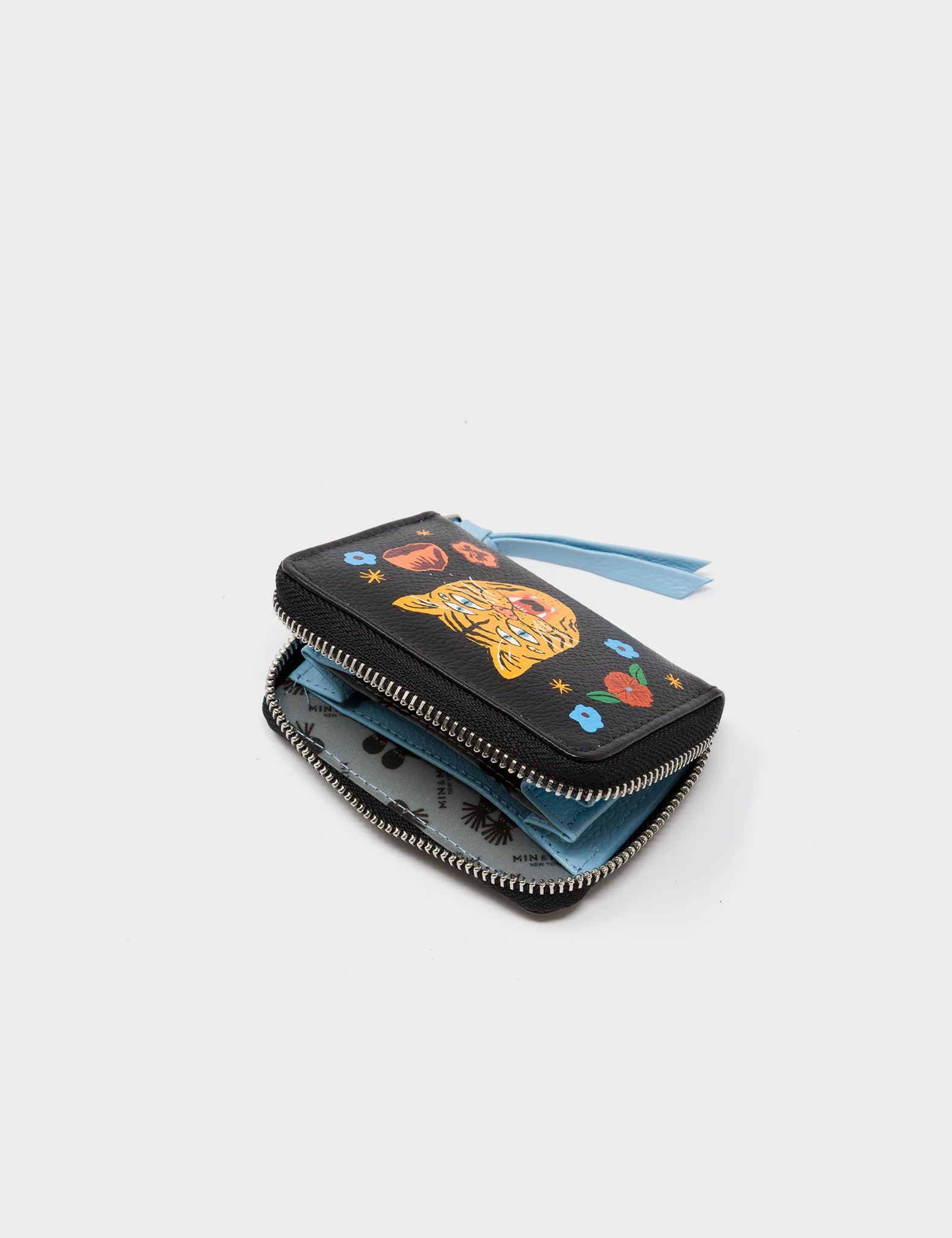 Frodo Black Leather Zip Around Wallet - Happy Tiger Print - open