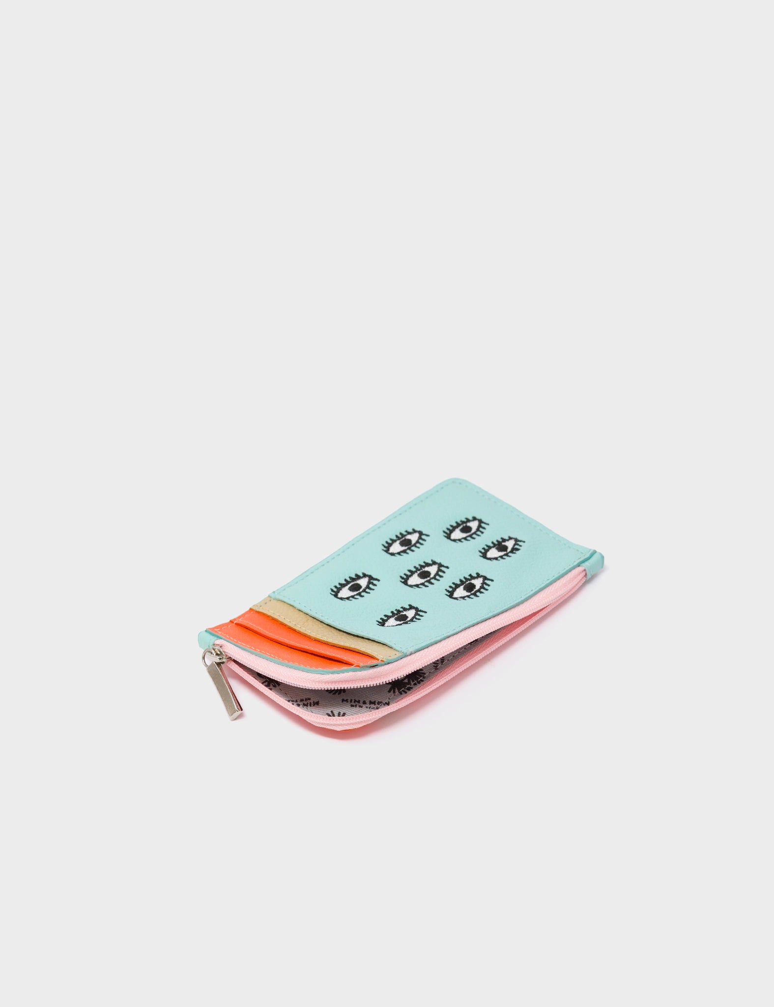 Fausto Eggshell Blue Leather Zip-around Cardholder - All Over Eyes Embroidery - Open