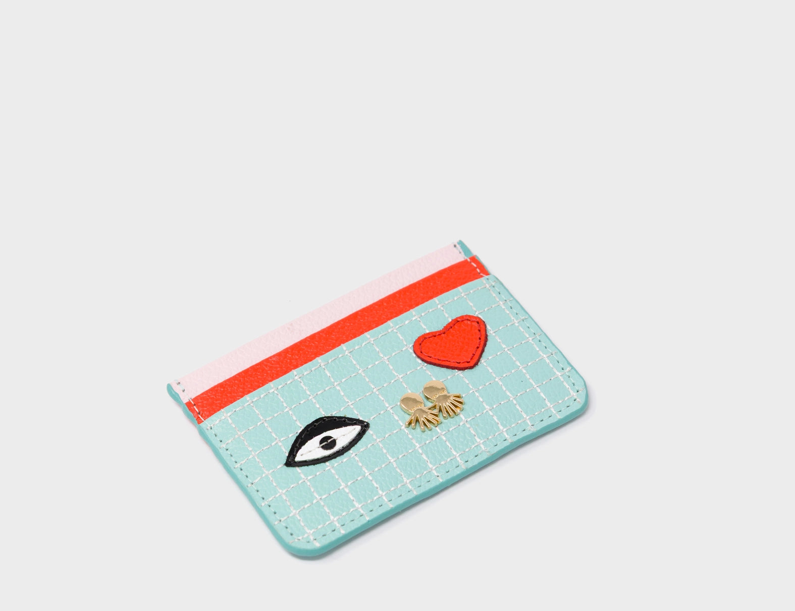 Filium Eggshell Blue Leather Cardholder - Classic Eye and Heart Applique - Side