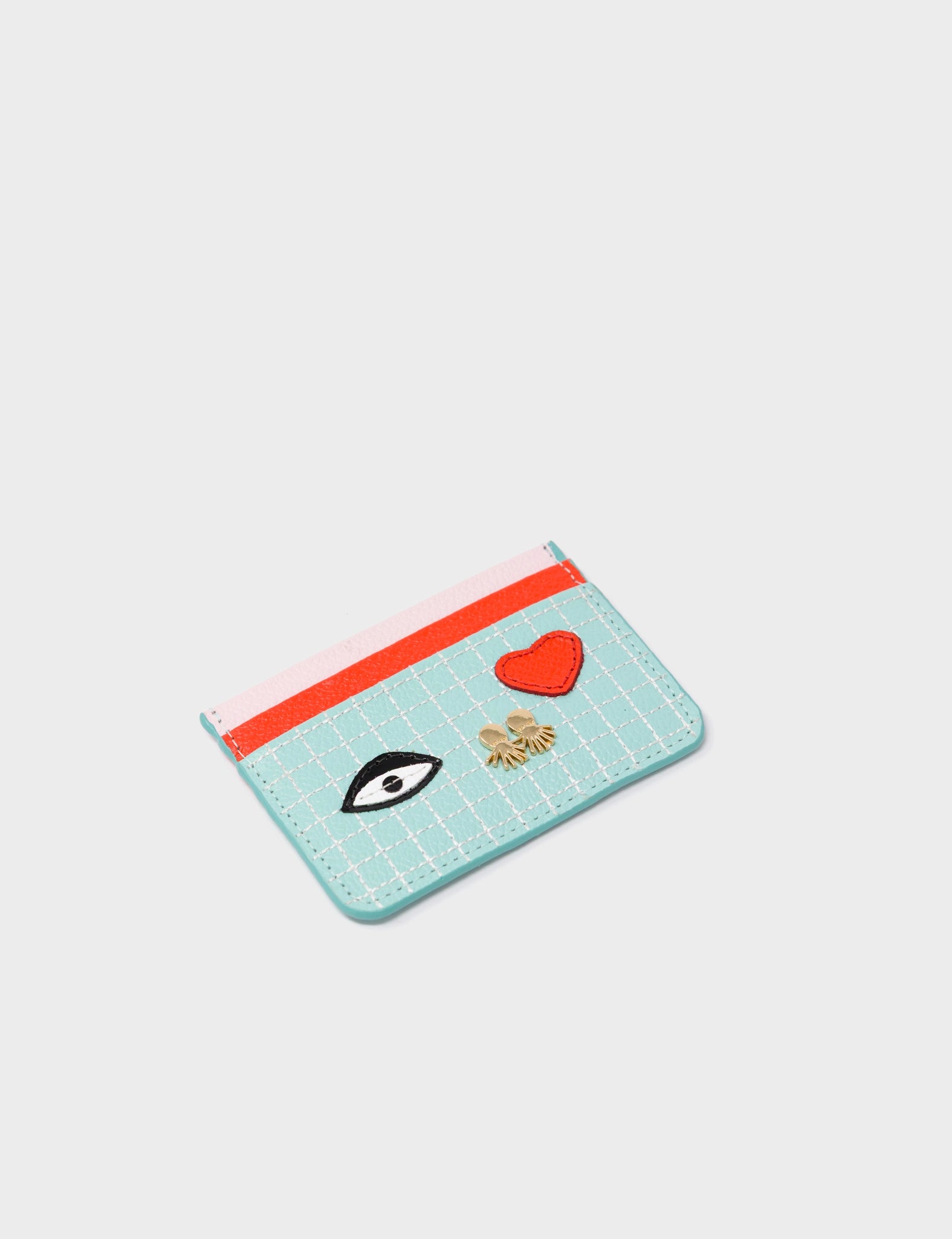 Filium Eggshell Blue Leather Cardholder - Classic Eye and Heart Applique - Side