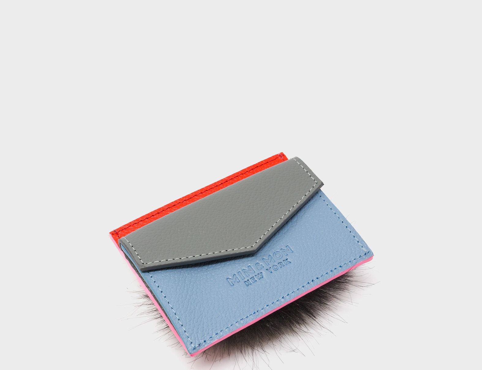 Felix Cerulean Blue and Bubblegum Pink Leather Cardholder - Fuzzy Monster Applique - Pocket Side View