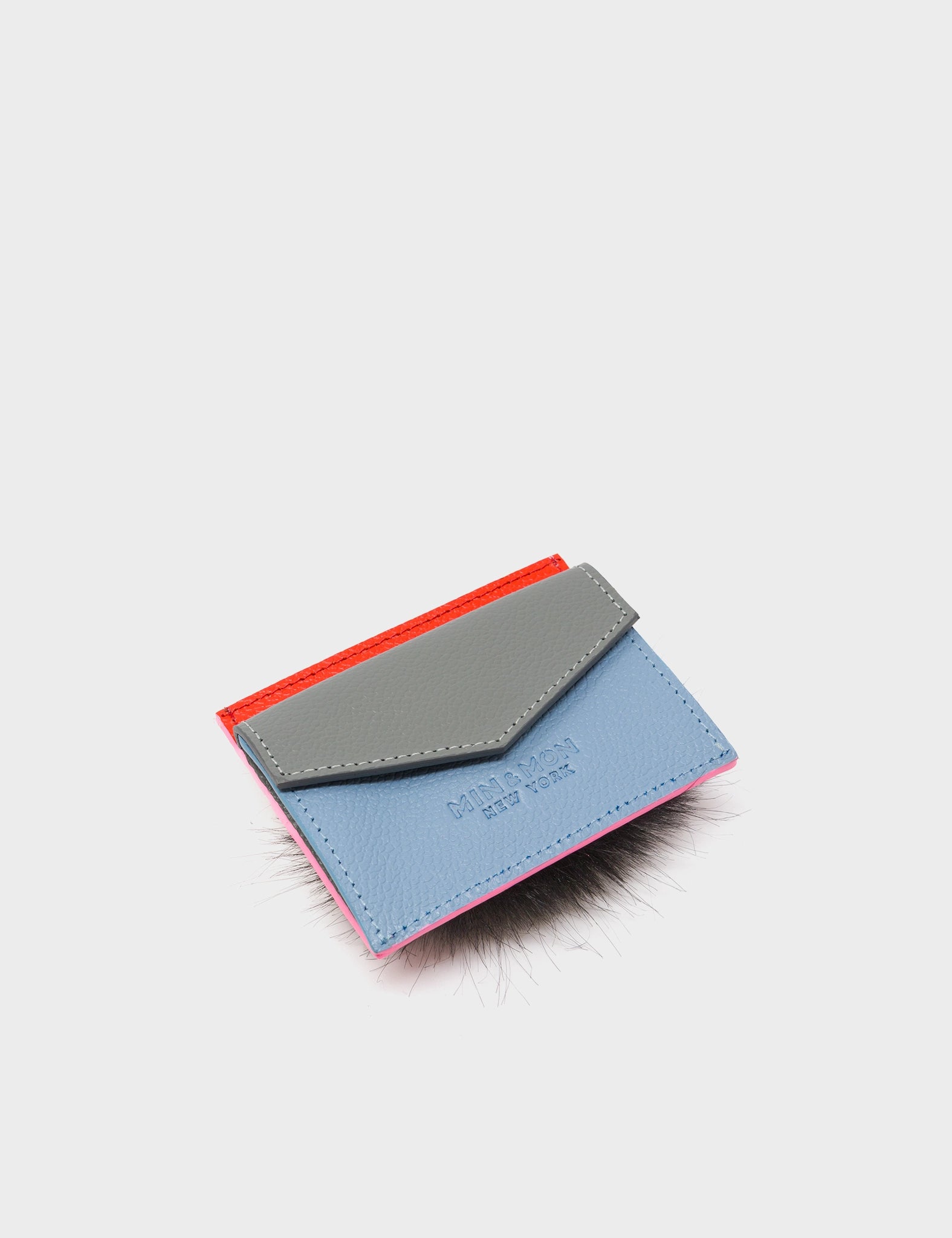 Felix Cerulean Blue and Bubblegum Pink Leather Cardholder - Fuzzy Monster Applique - Pocket Side View