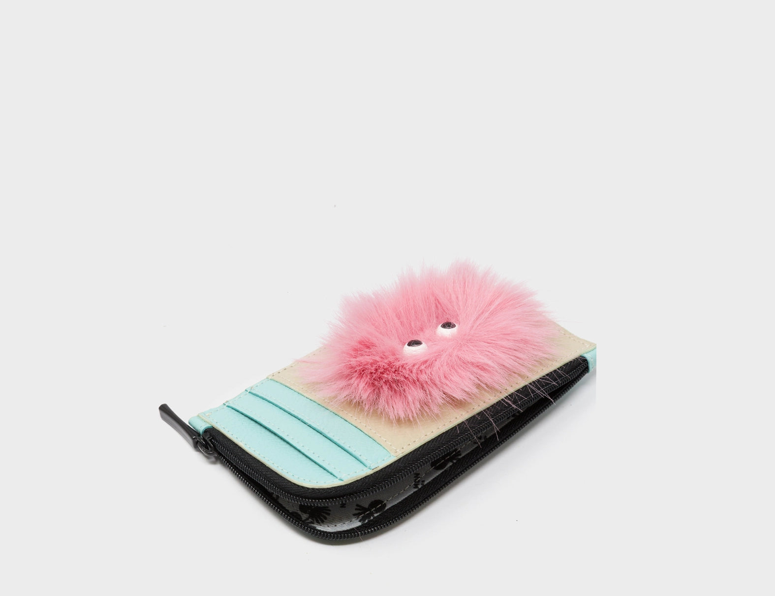 Fausto Gravel Leather Zip-around Cardholder - Fuzzy Monster Applique - Open
