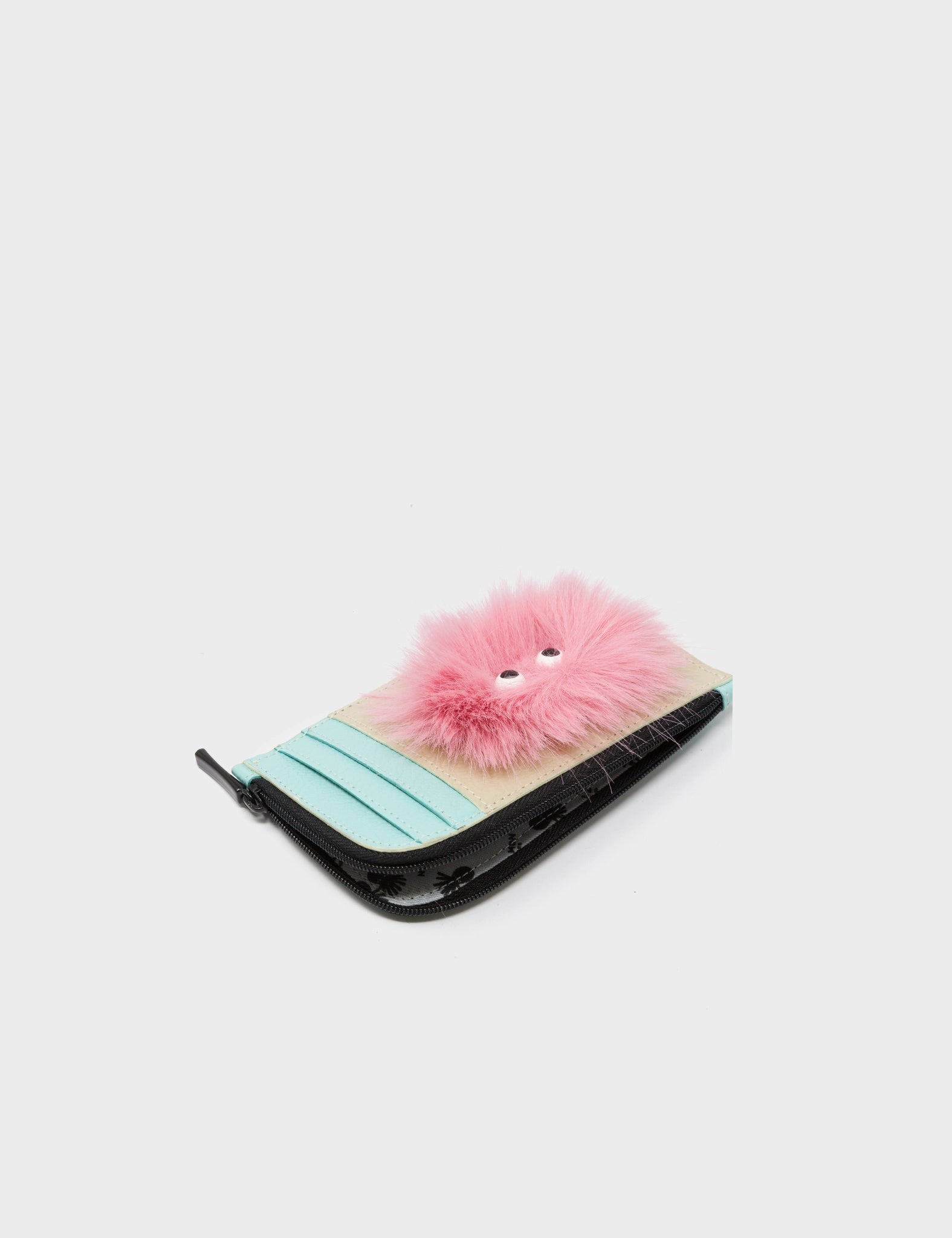 Fausto Gravel Leather Zip-around Cardholder - Fuzzy Monster Applique - Open