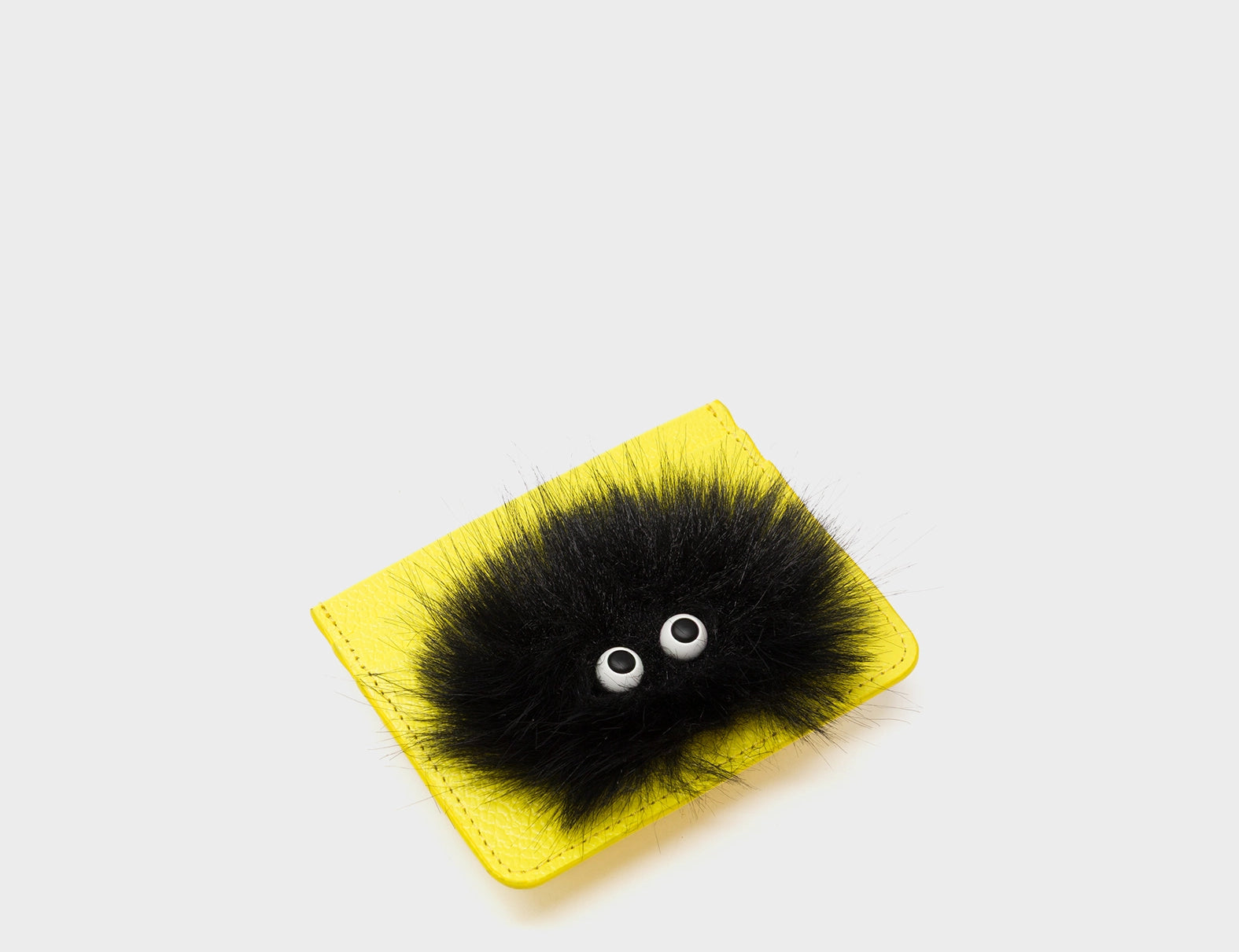 Filium Celadine Yellow Leather Cardholder - Fuzzy Monster Applique - Side