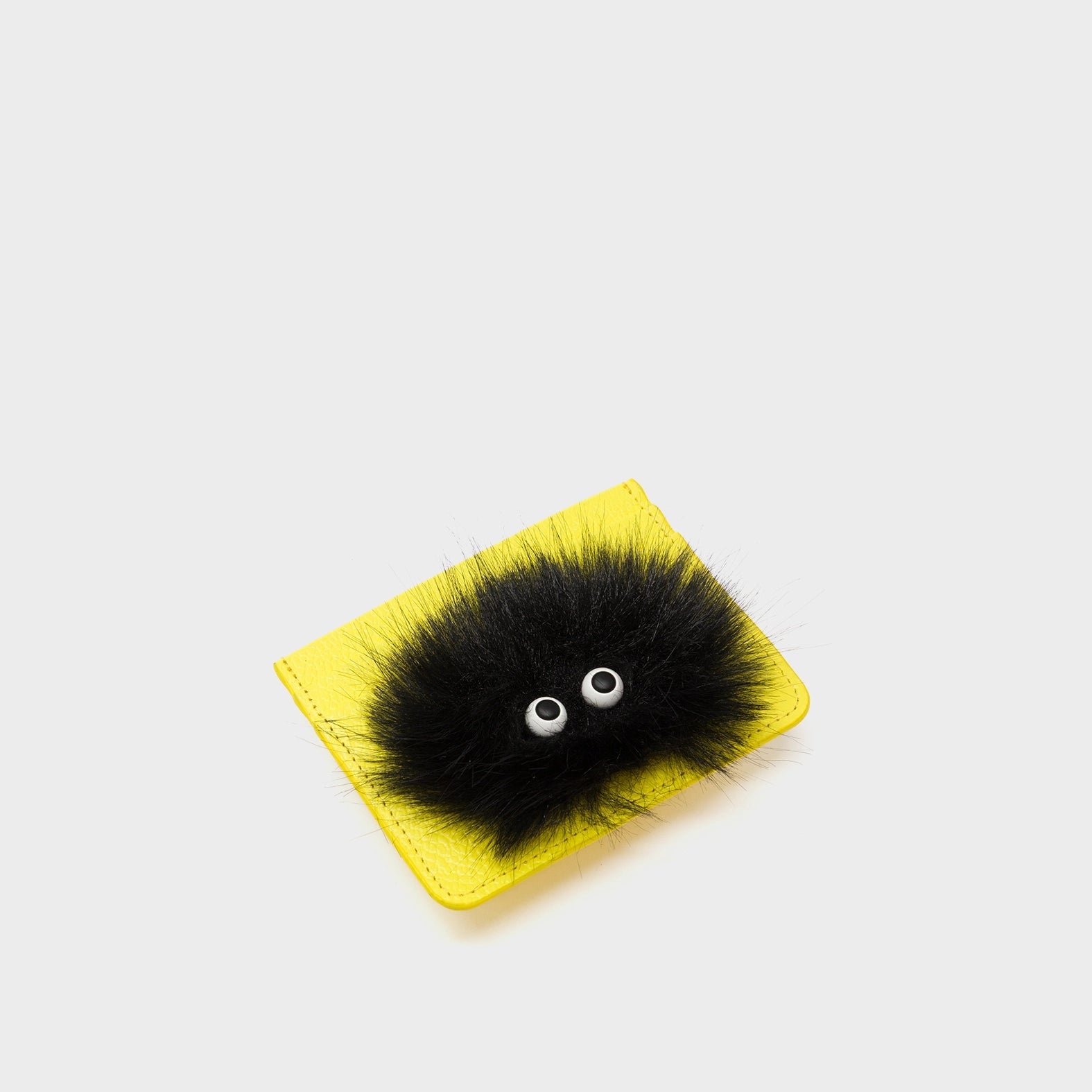 Filium Celadine Yellow Leather Cardholder - Fuzzy Monster Applique - Side