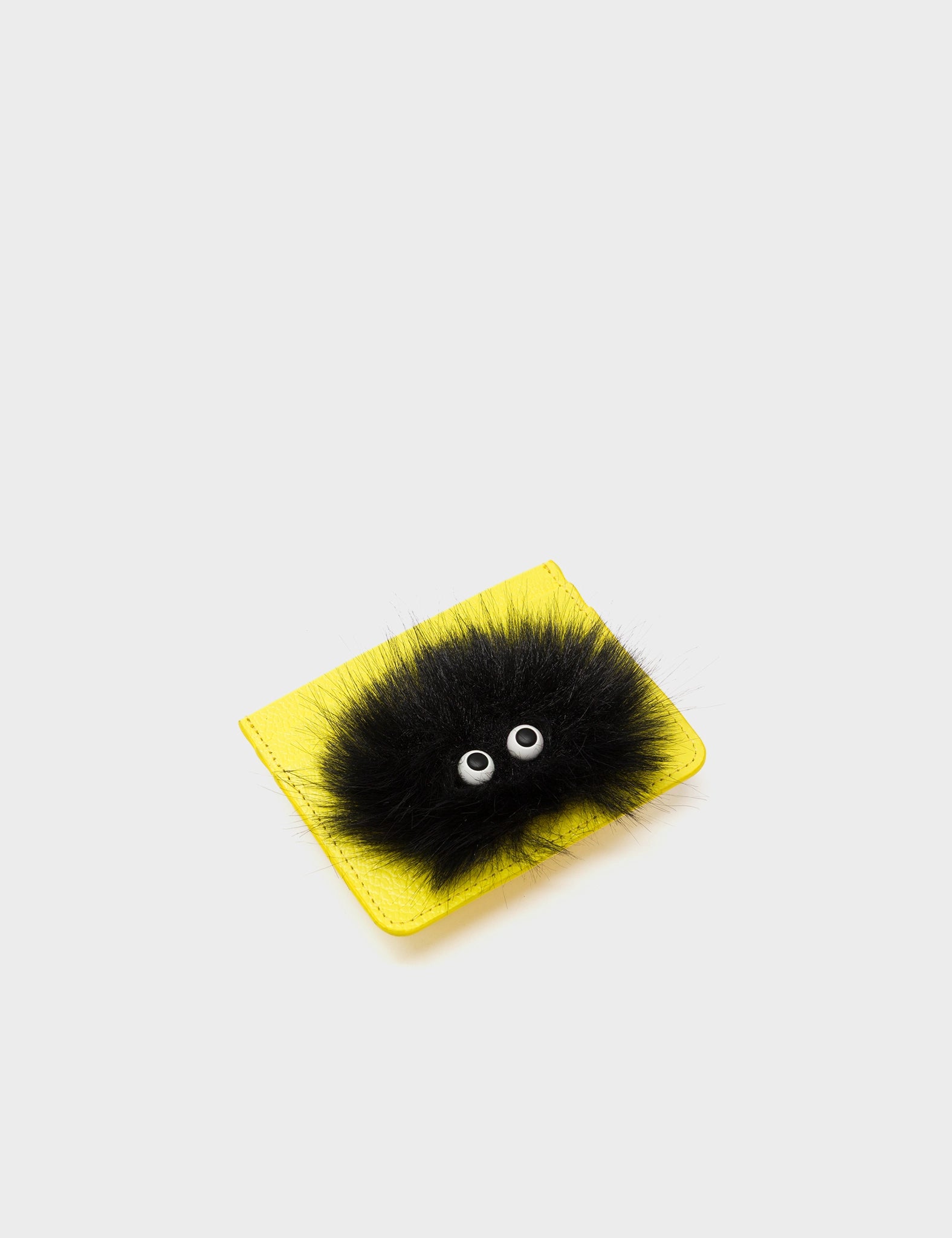 Filium Celadine Yellow Leather Cardholder - Fuzzy Monster Applique - Side