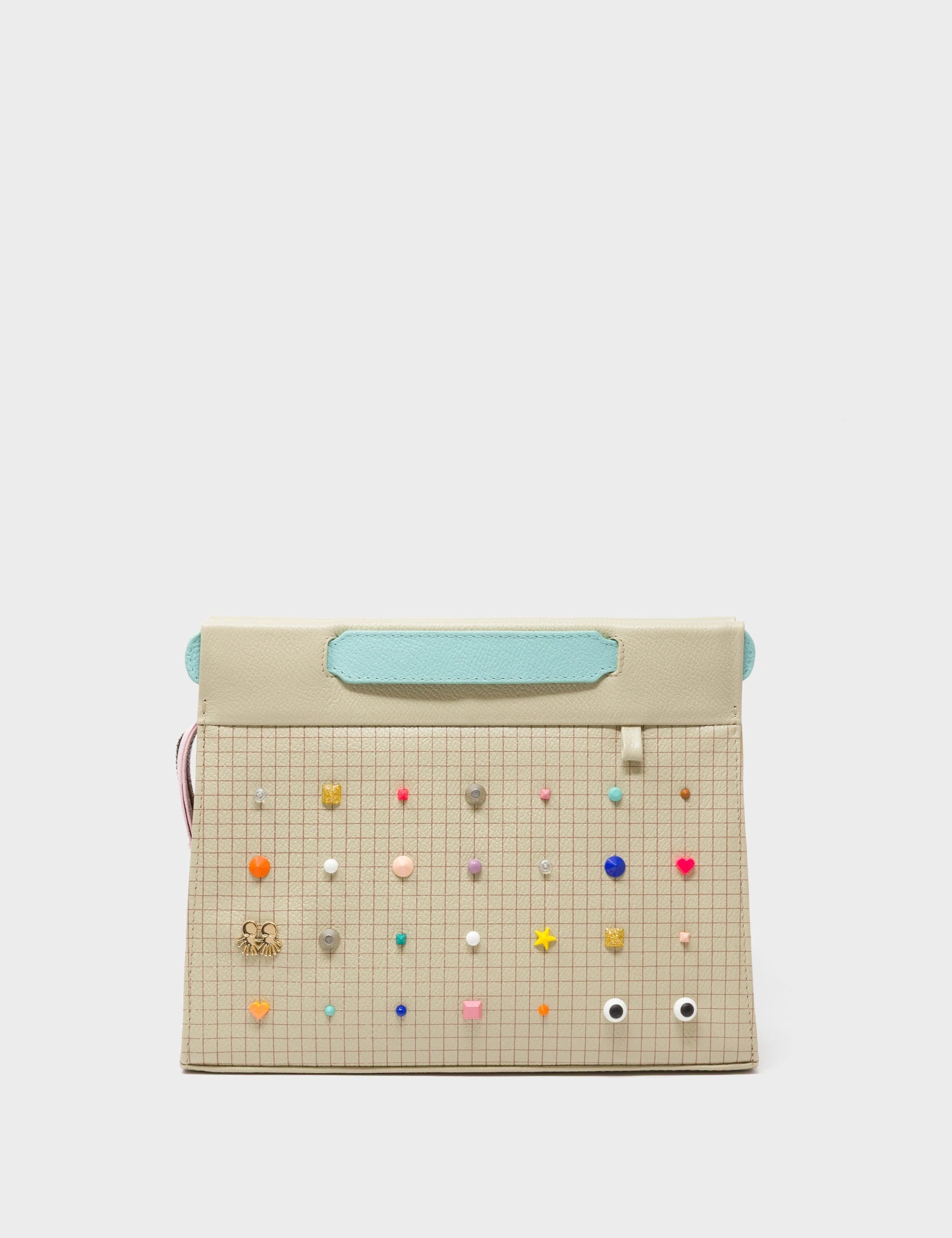 Vali Crossbody Gravel Beige Leather Bag - Studs Pattern - Front