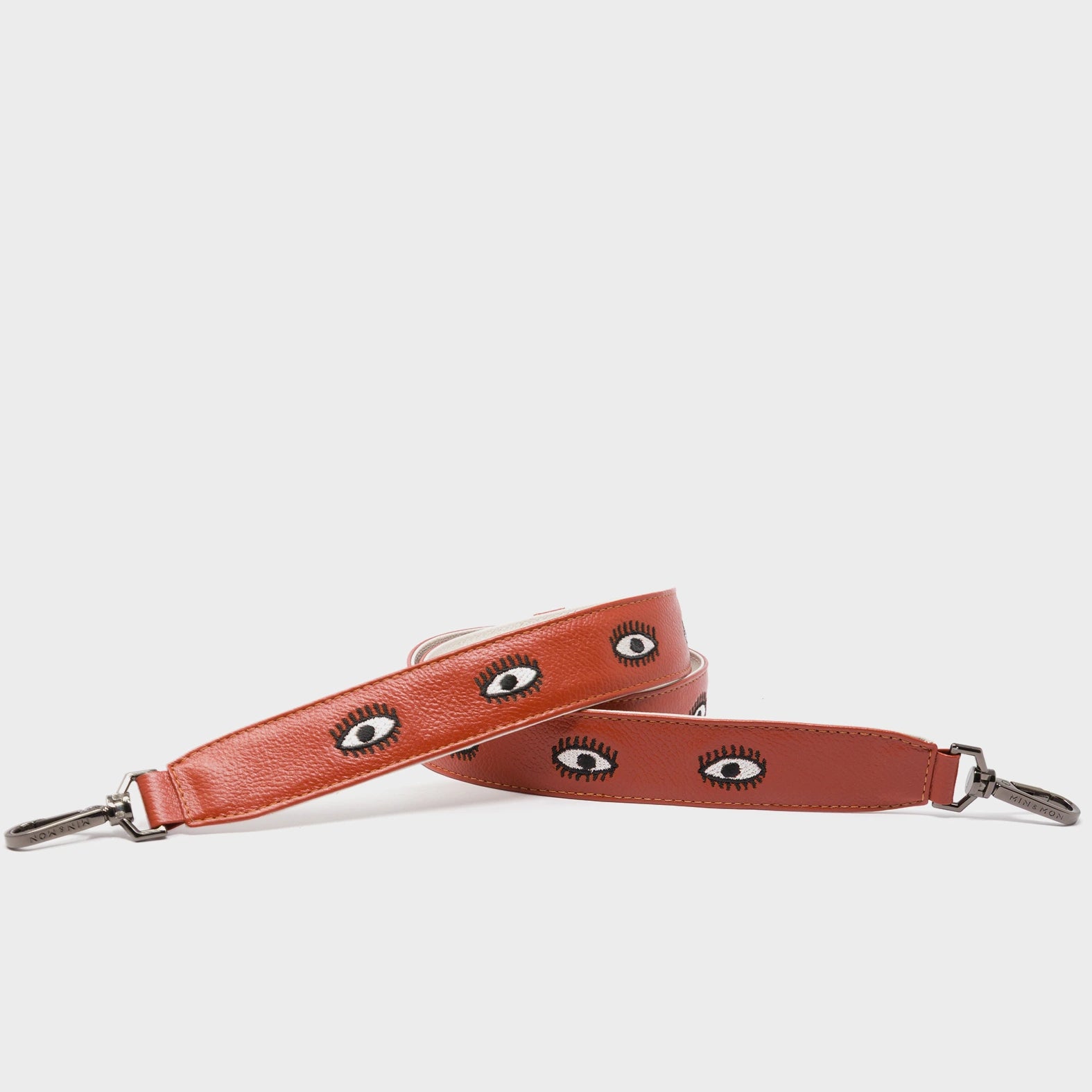 Detachable Baked City Brown Leather Shoulder Strap - All Over Eyes Embroidery  - Main
