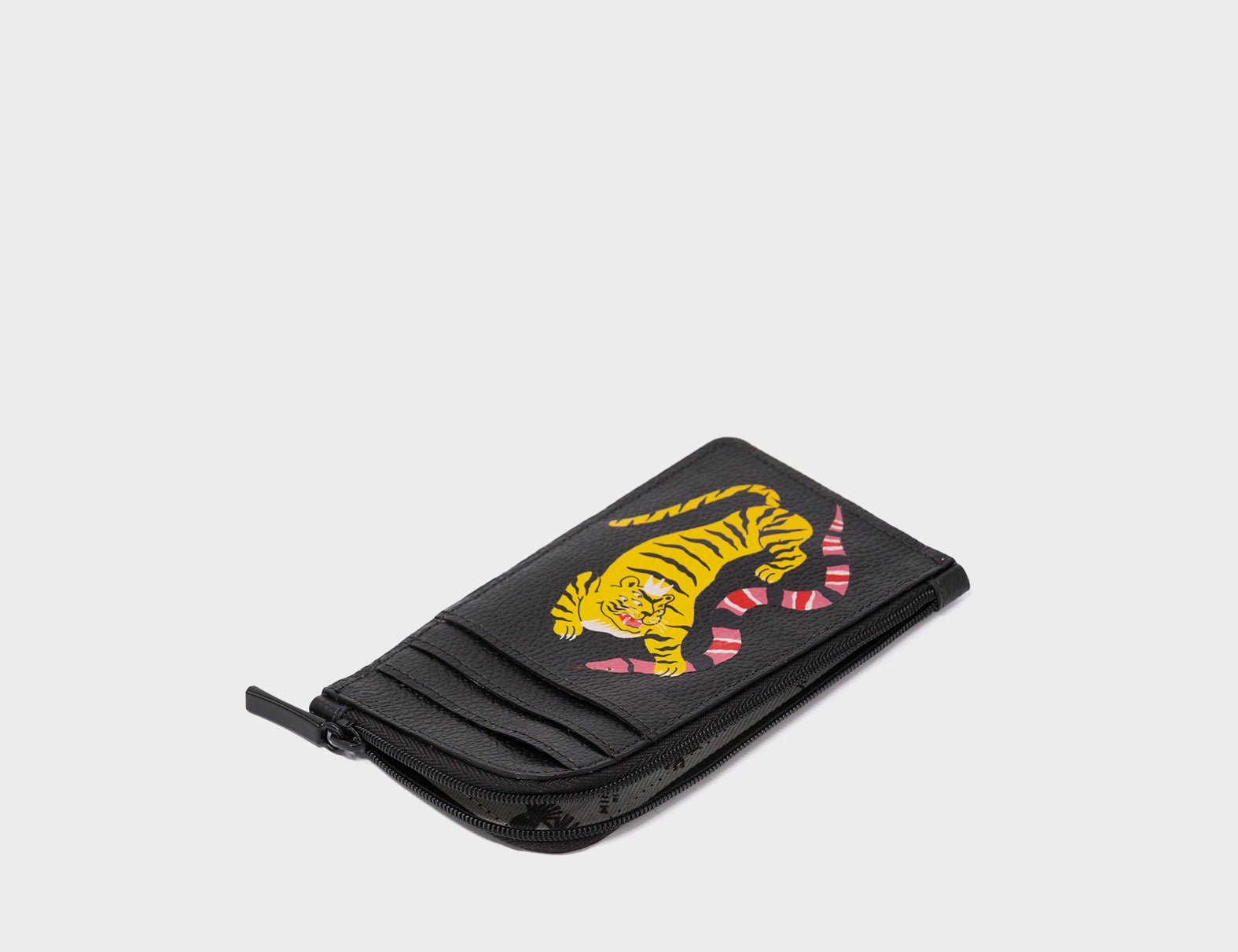 Fausto Black Leather Zip-around Cardholder - Tiger and Snake Design - Open