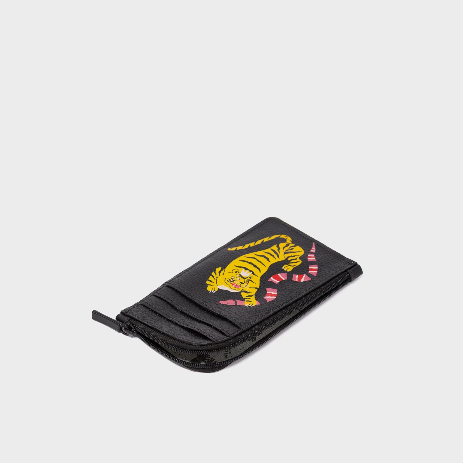 Fausto Black Leather Zip-around Cardholder - Tiger and Snake Design - Open
