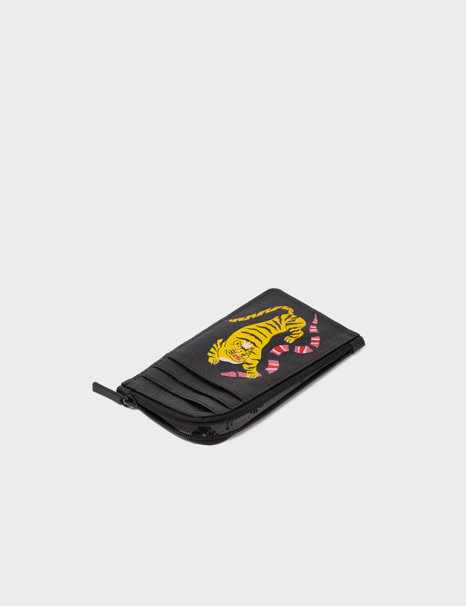 Fausto Black Leather Zip-around Cardholder - Tiger and Snake Design - Open
