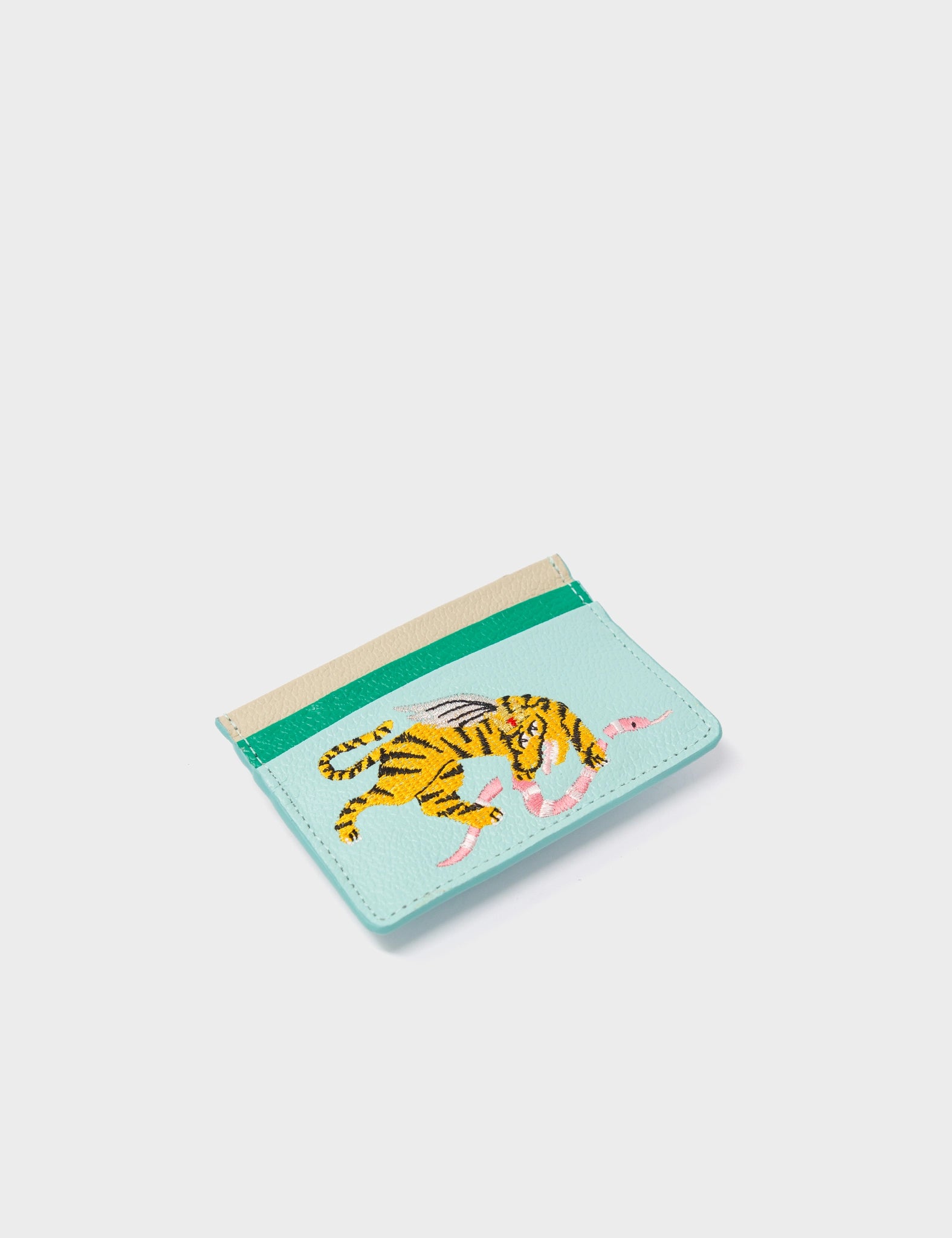 Filium Eggshell Blue Leather Cardholder - Tiger Embroidery - Side