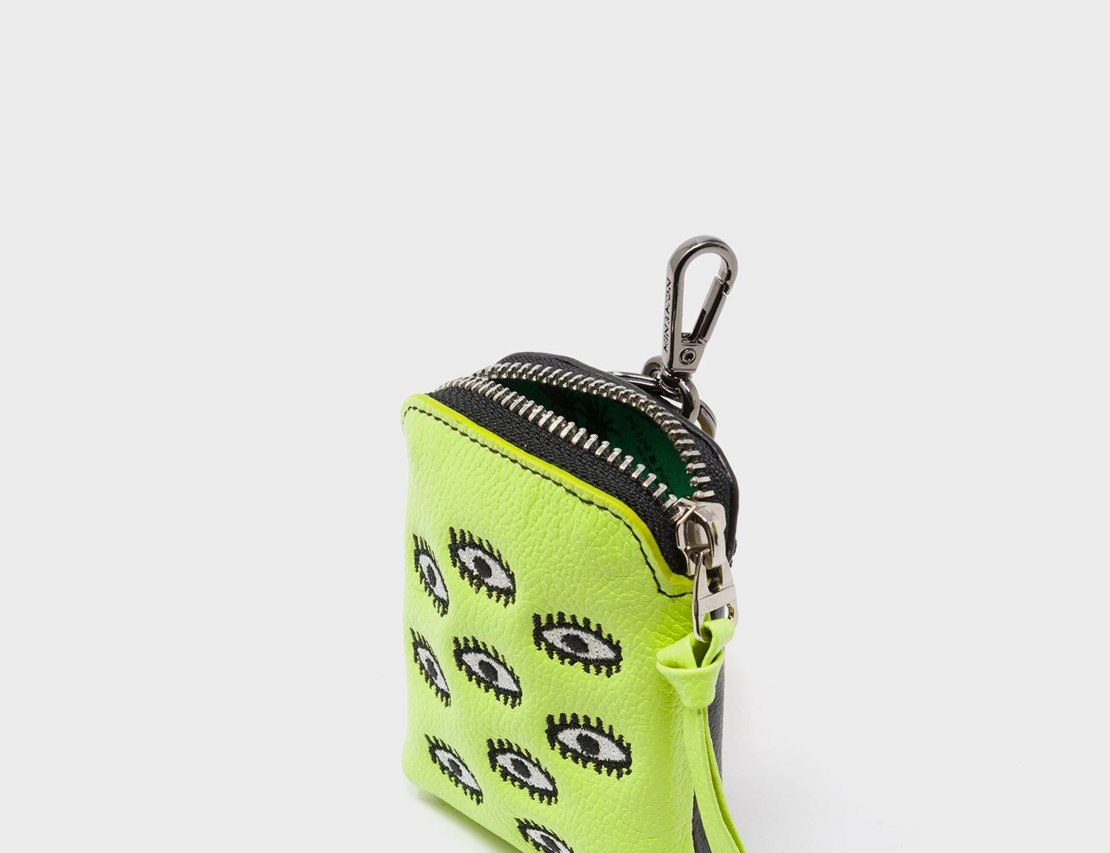 Florence Pouch Charm - Sharp Green Leather Keychain All Over Eyes Embroidery - Open