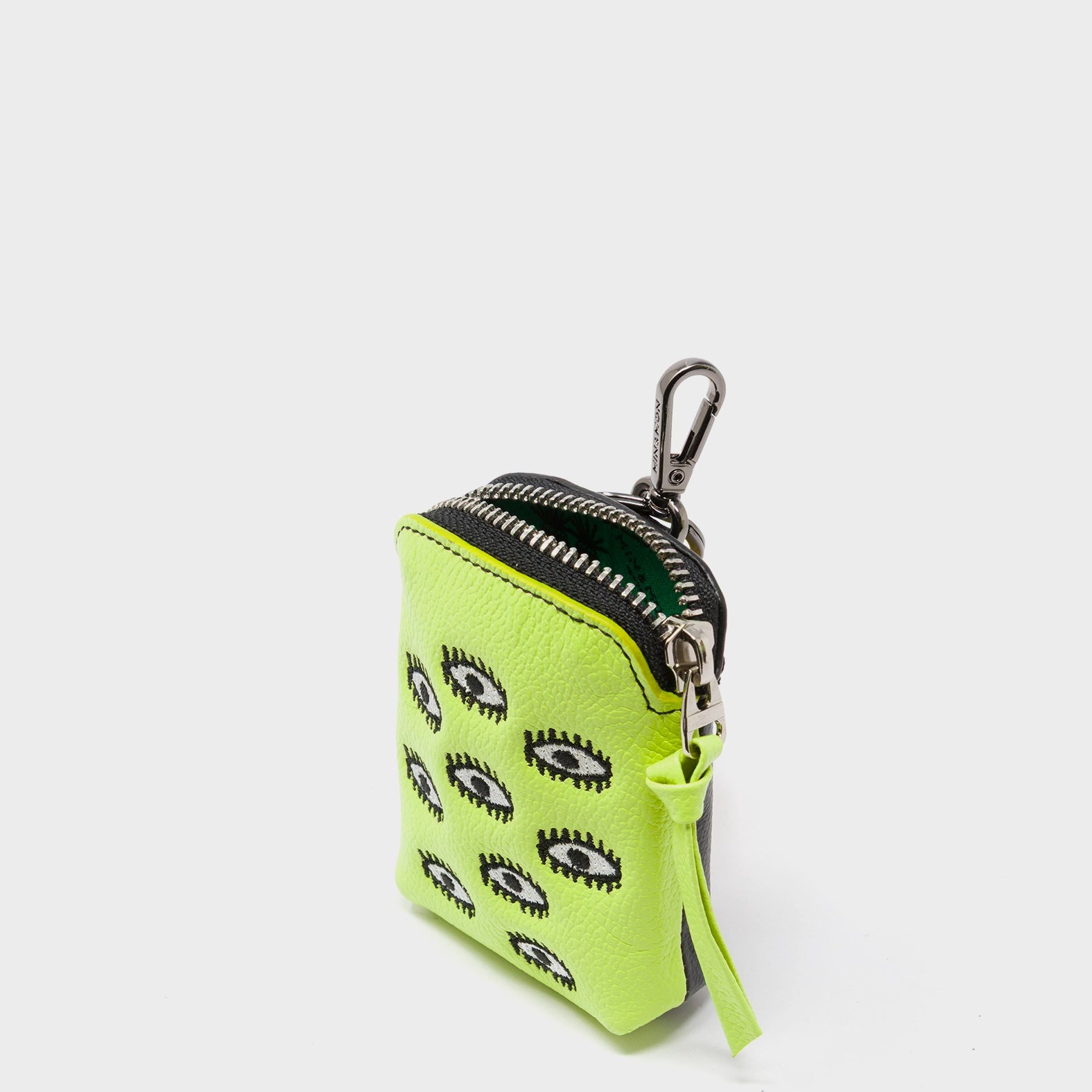 Florence Pouch Charm - Sharp Green Leather Keychain All Over Eyes Embroidery - Open
