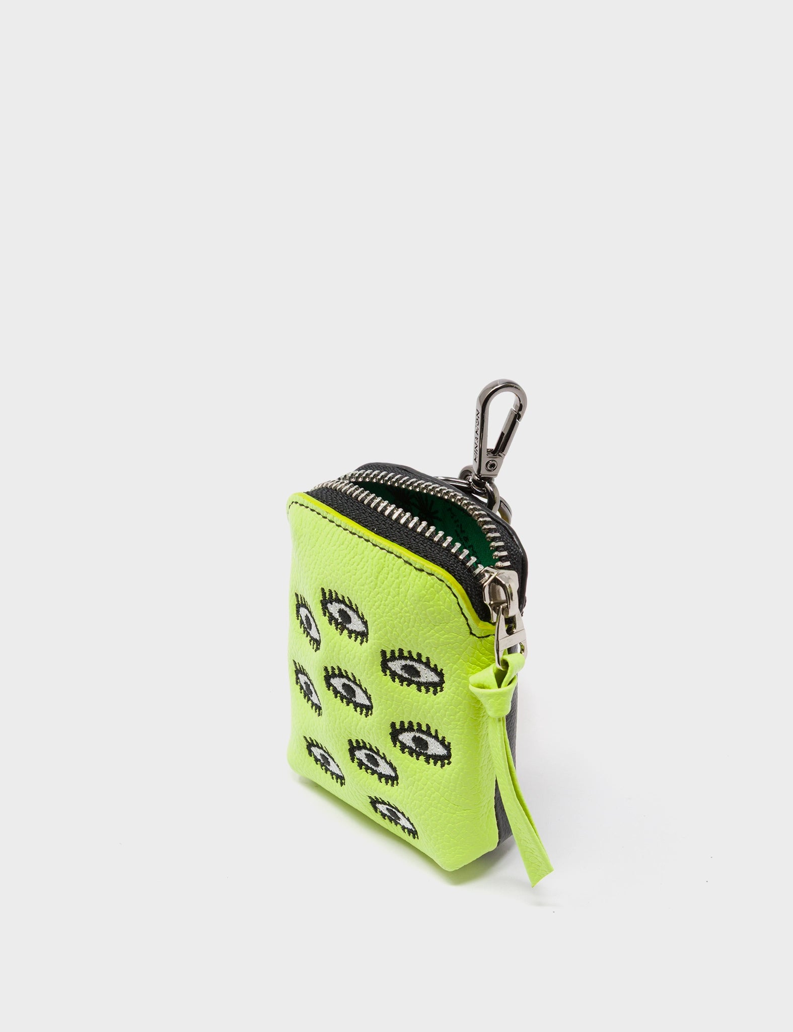Florence Pouch Charm - Sharp Green Leather Keychain All Over Eyes Embroidery - Open