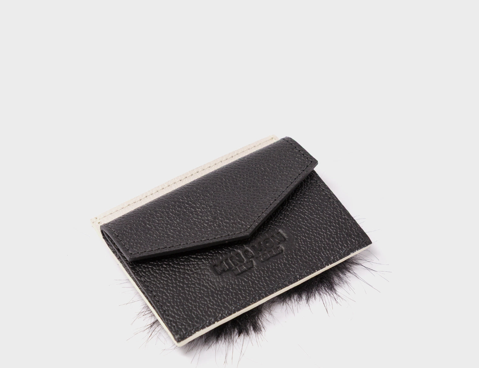 Felix Cream and Black Leather Cardholder - Fuzzy Monster Applique - Pocket side