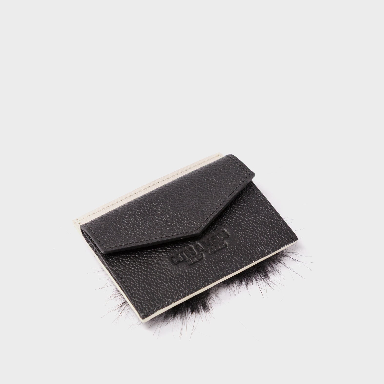 Felix Cream and Black Leather Cardholder - Fuzzy Monster Applique - Pocket side