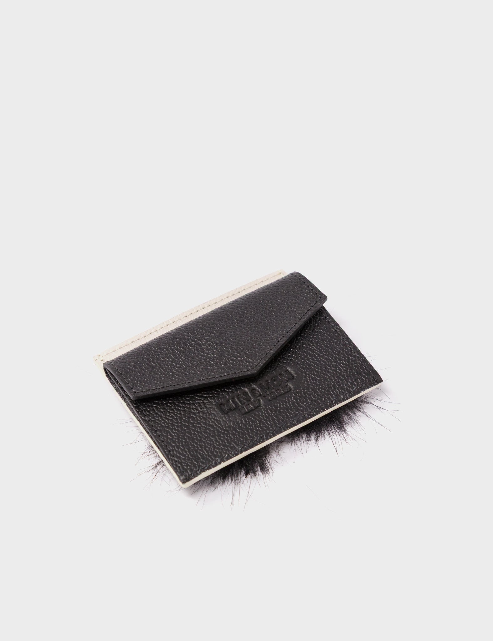 Felix Cream and Black Leather Cardholder - Fuzzy Monster Applique - Pocket side