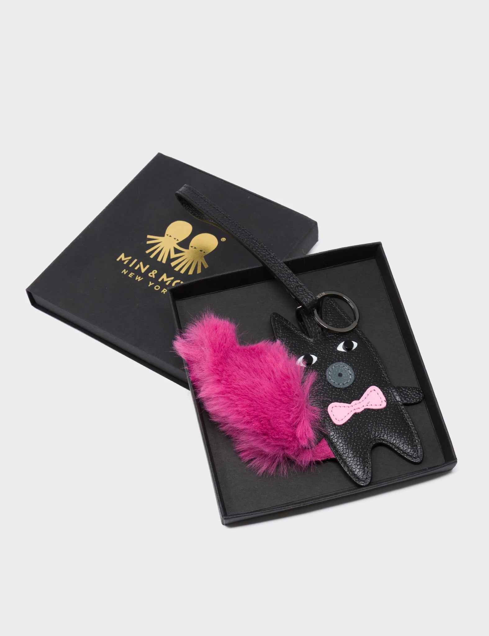 Flufftail - Black Leather Bag Charm - Package